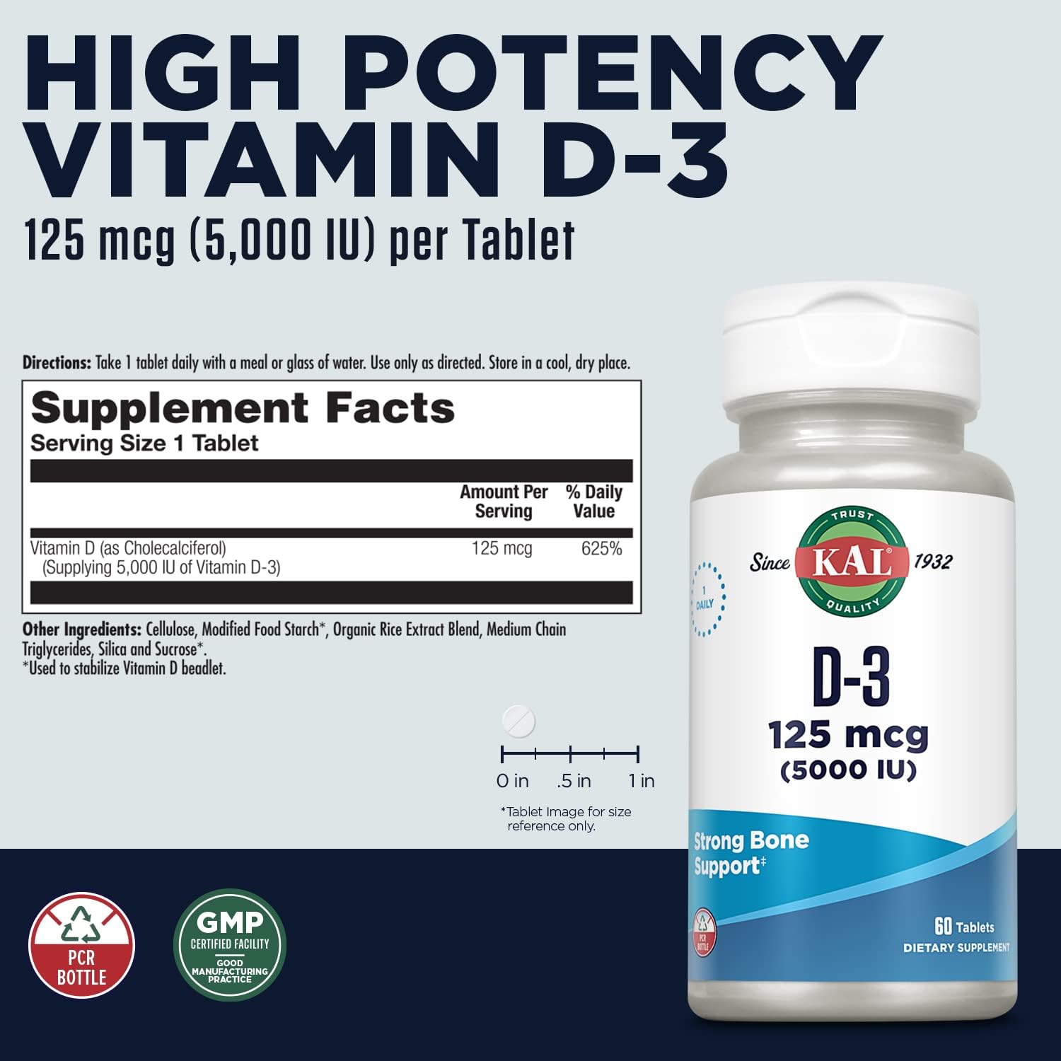 KAL Vitamin D3 5000 IU - High Potency Vitamin D Tablets for Immune & Bone Support - 60 Count