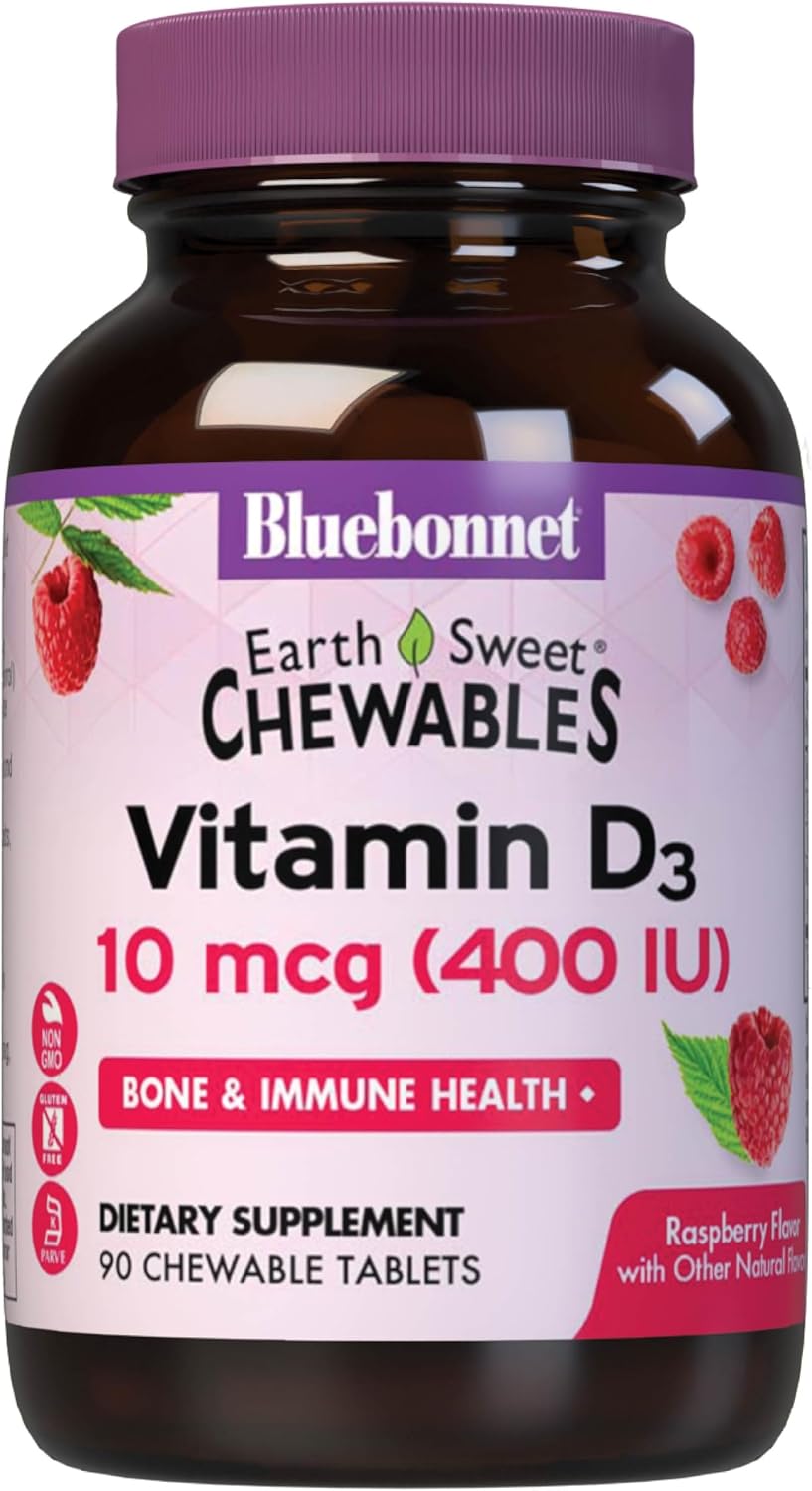 BlueBonnet Nutrition EarthSweet Vitamin D3 400 IU – Raspberry Chewable Tablets – 90 Count