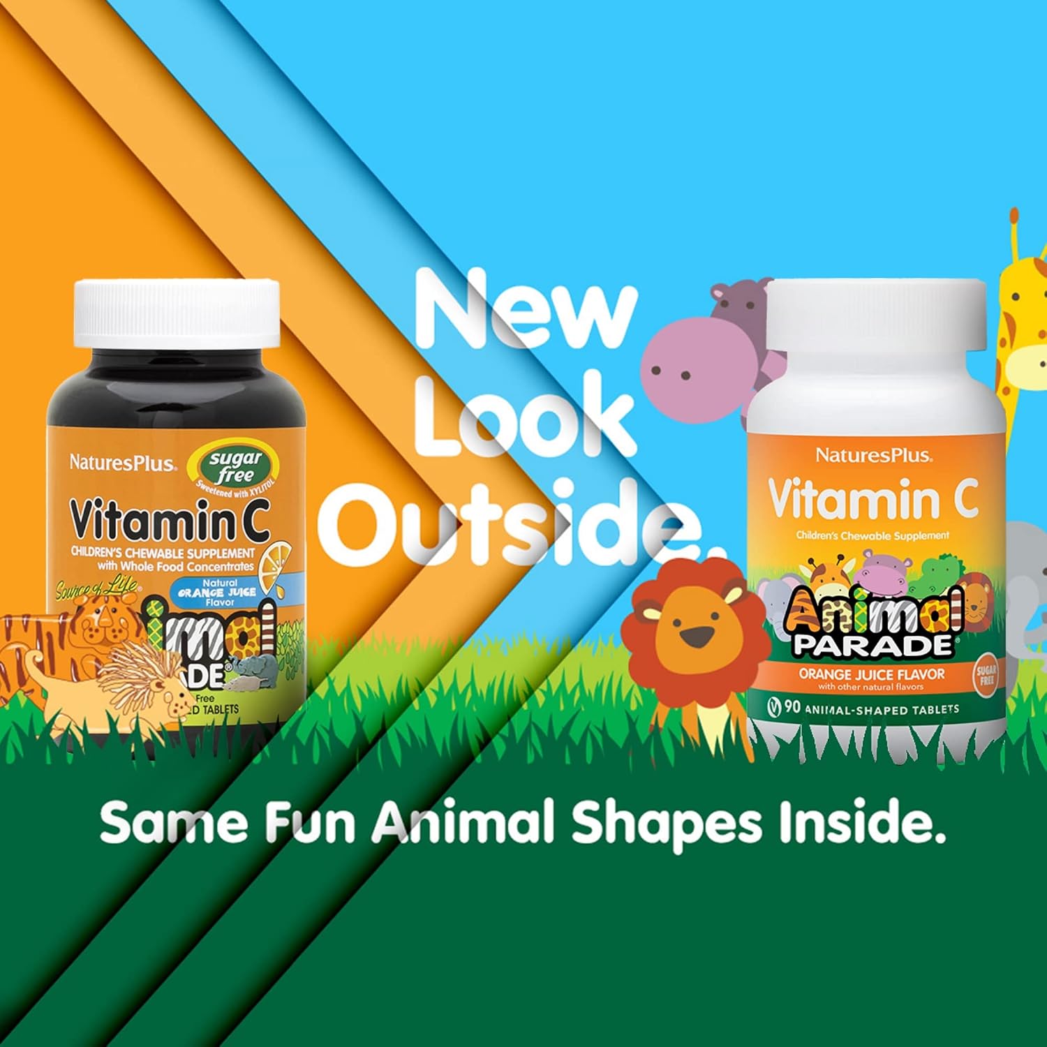 NaturesPlus Animal Parade Sugar-Free Children's Vitamin C, Natural Orange Juice Flavour - 90 Chewable Tablets