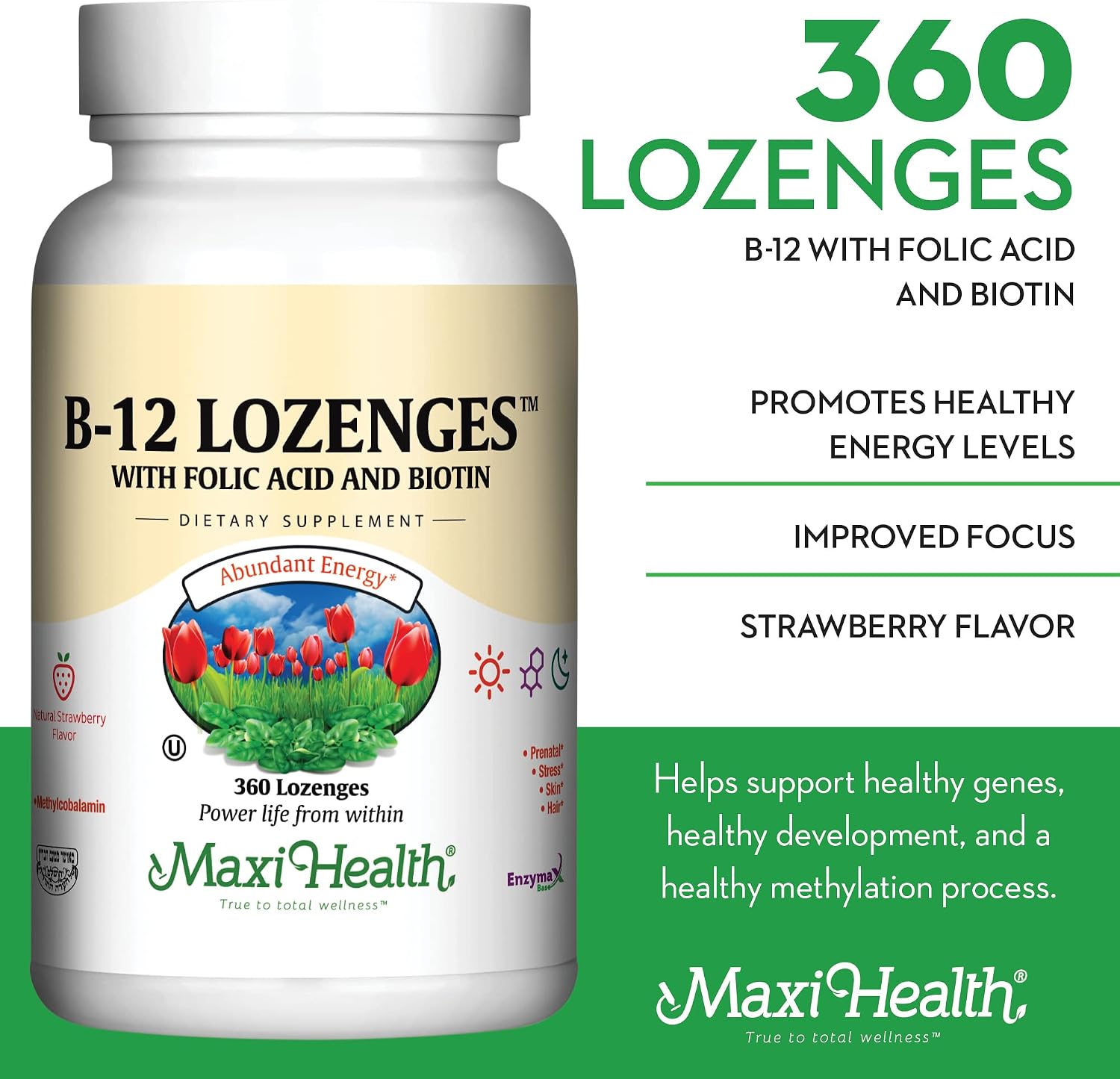 Vitamin B12 Lozenges with Folic Acid and Biotin - Sublingual Strawberry - 360 Lozenges