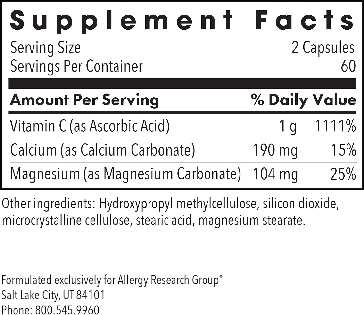Allergy Research Group Buffered Vitamin C – 1000 mg, 120 Vegetarian Capsules