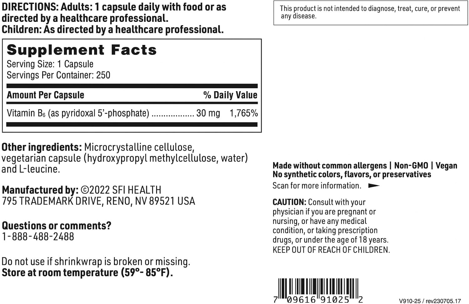 Klaire Labs SFI Health P-5-P - 30 mg Bioactive Vitamin B6 (Pyridoxal-5-Phosphate) - Hypoallergenic - 100 Capsules