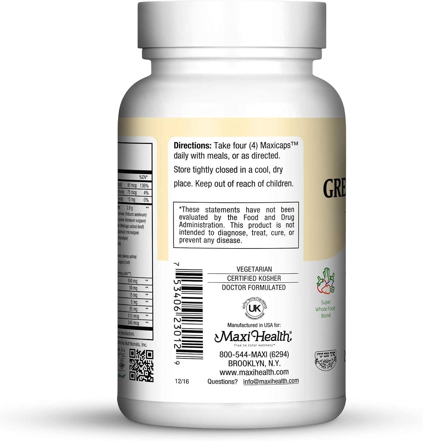 Maxi Health Super Greens - Whole Food Blend for Energy and Immune Support - 120 Kosher Capsules