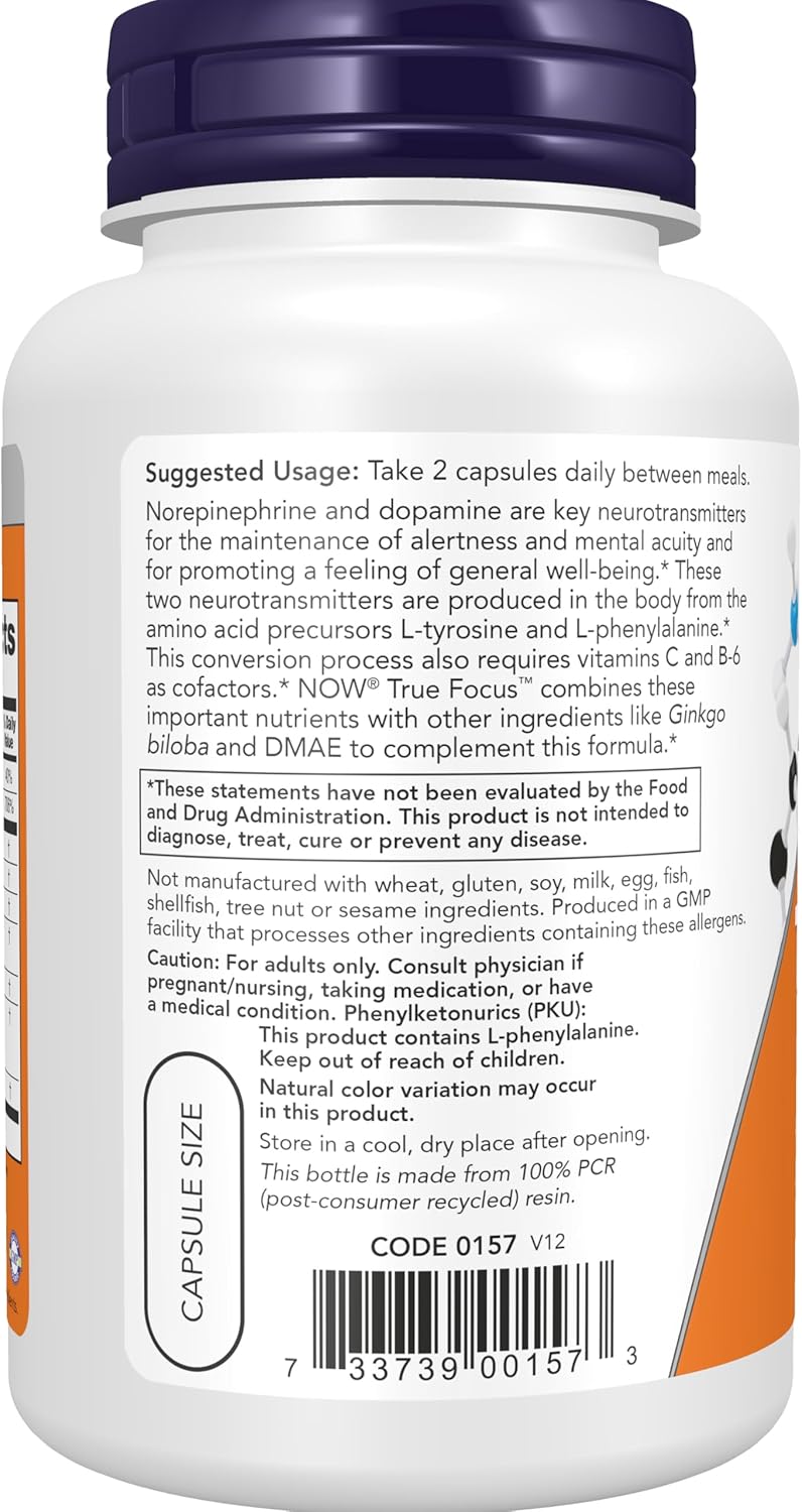 NOW Foods True Focus™ with Amino Acids, Ginkgo, DMAE, CoQ10 and Grape Seed Extract, 90 Veg Capsules