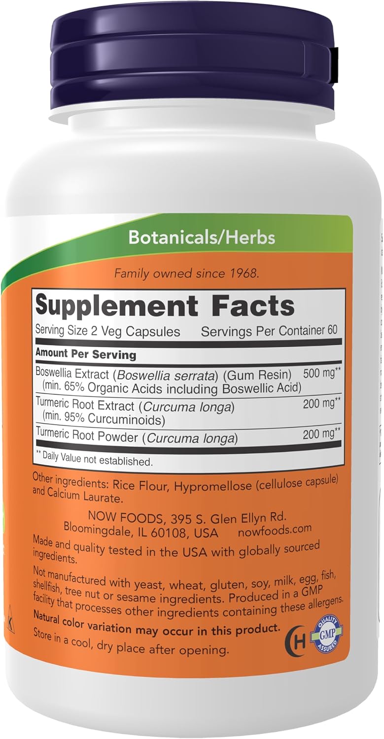 NOW Foods Boswellia Extract 250 mg with Turmeric Root Extract, 120 Veg Capsules