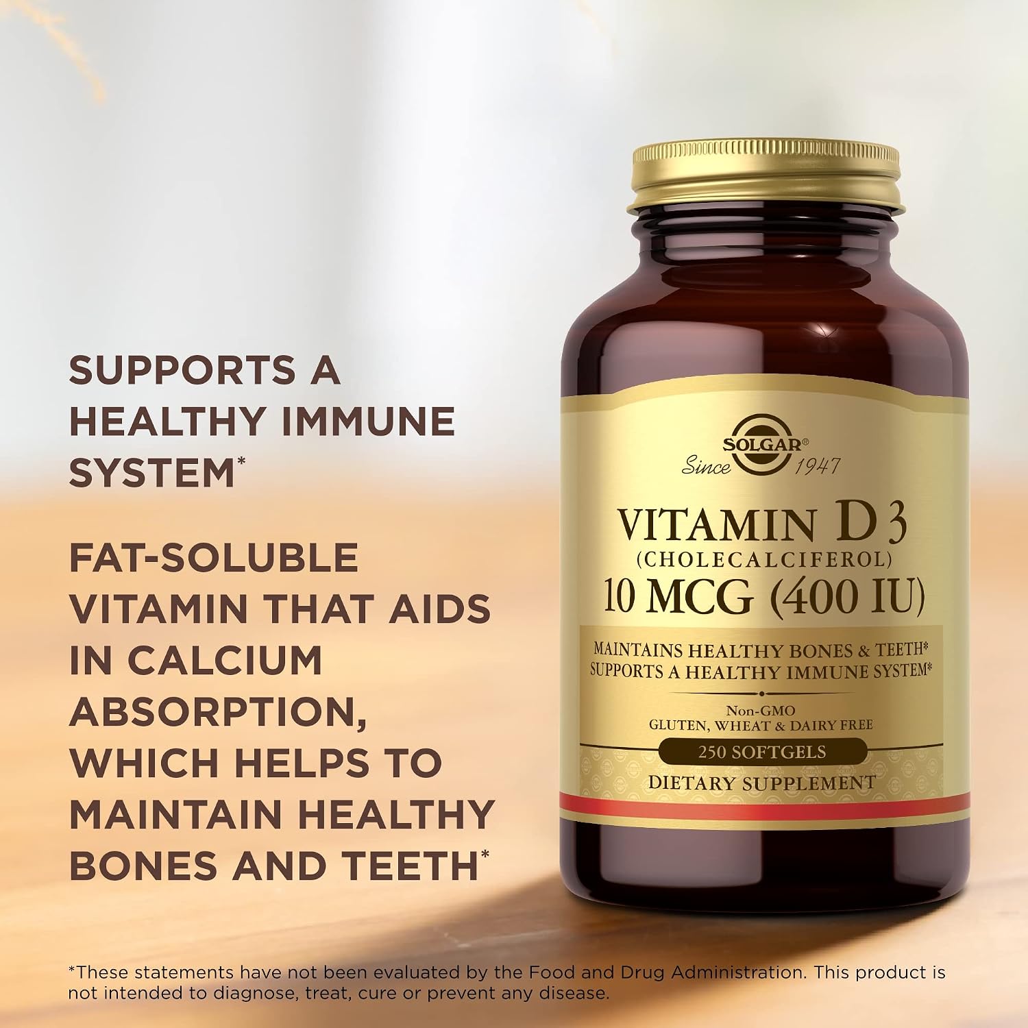 Solgar Vitamin D3 (Cholecalciferol) 10 mcg (400 IU) Softgels, 250 Count