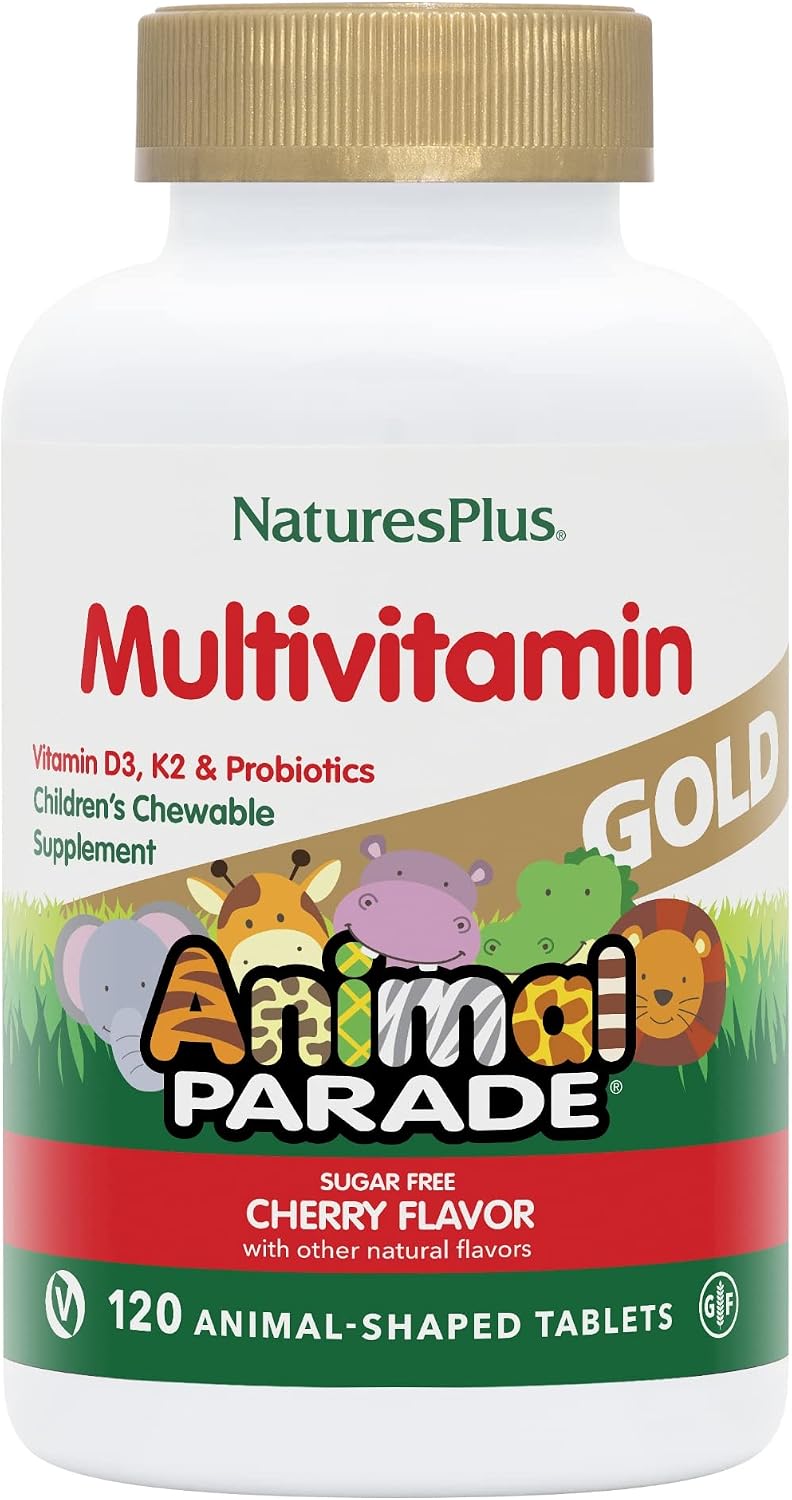 NaturesPlus Animal Parade Gold Children's Chewable Multivitamin - Natural Cherry Flavour - 120 Animal Shaped Tablets