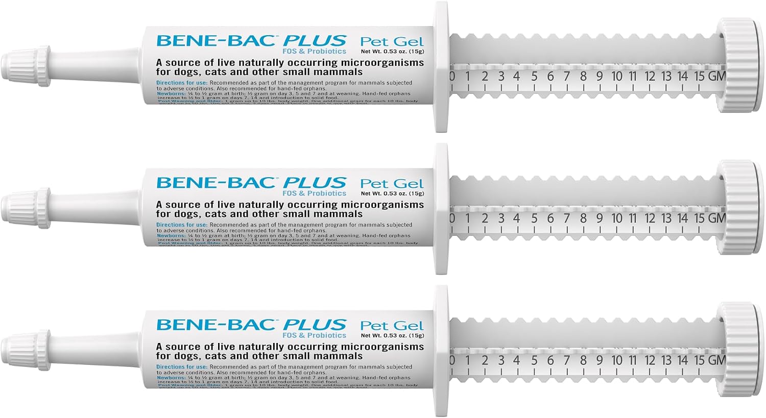 PetAg Bene-Bac Plus Pet Gel - 15 g Syringe - FOS & Probiotics for Dogs, Cats, Exotic & Wildlife Mammals