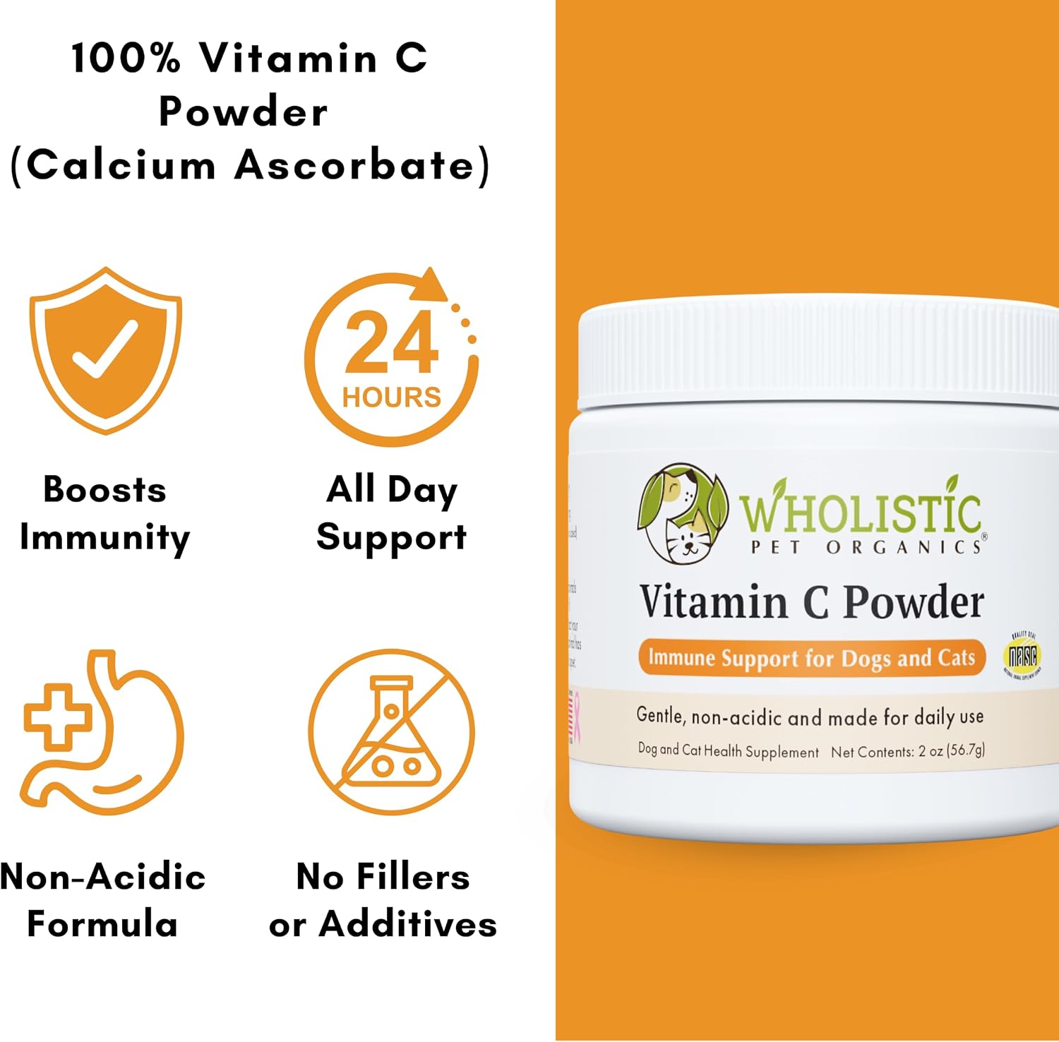Wholistic Pet Organics Vitamin C Powder for Dogs & Cats – Allergy & Itch Relief, Immune Support – 57 g