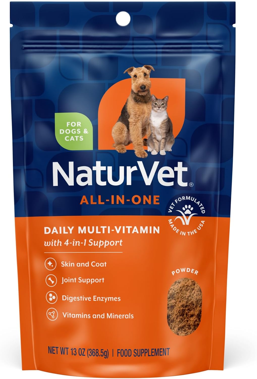 NaturVet All-in-One Dog Supplement – Joint Support, Digestion, Skin & Coat – Dog Multivitamins with Omega-3,6,9 – Wheat-Free Powder – 370 g