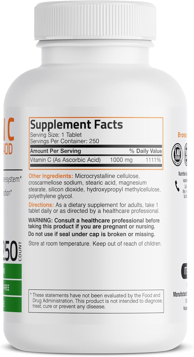 Bronson Vitamin C 1000 mg – Non-GMO Ascorbic Acid Tablets (250 Tablets)