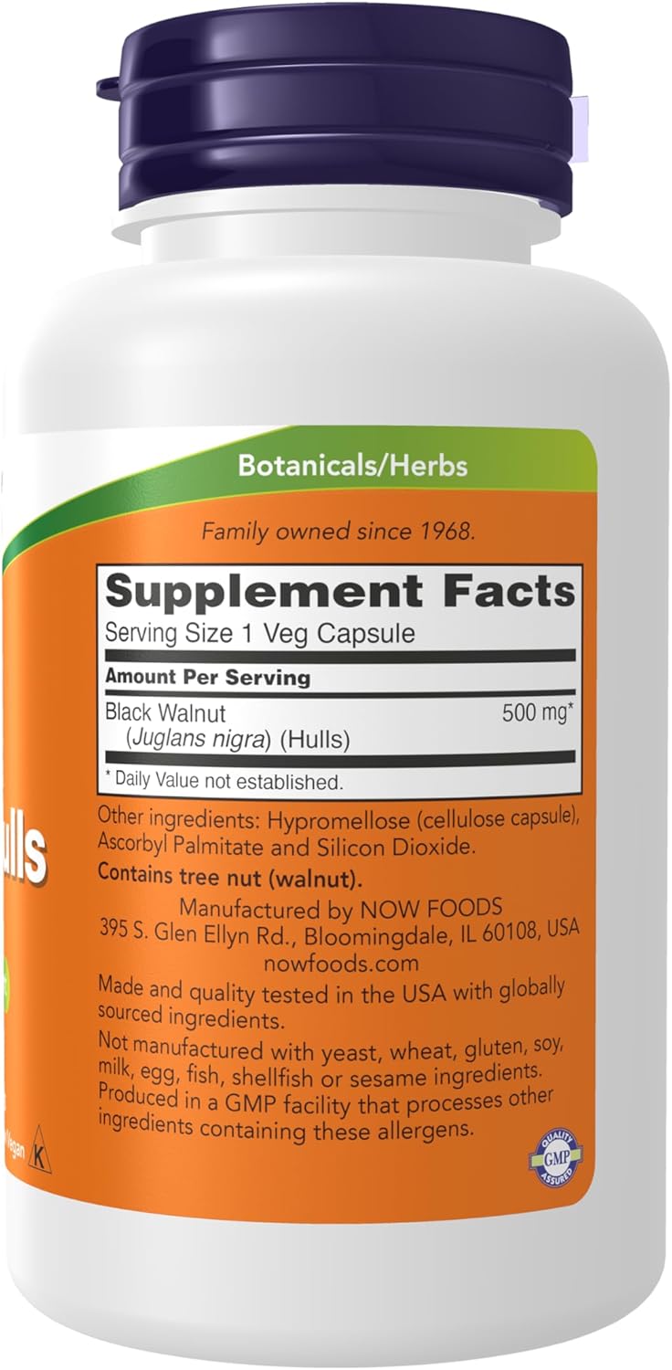 NOW Foods Black Walnut Hulls (Juglans nigra) 500 mg, 100 Veg Capsules