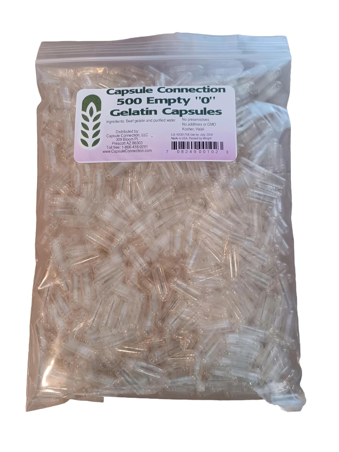 Capsule Connection 1000 Bulk "0" Empty Gelatin Capsules, Made in USA, resealable bag