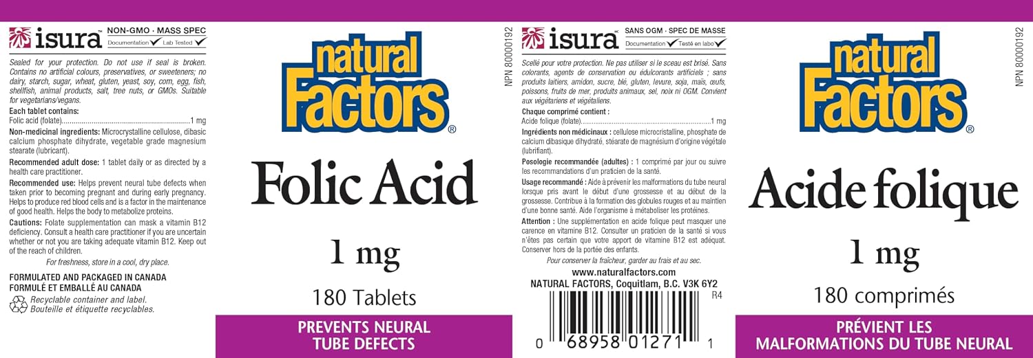 Natural Factors Folic Acid 1 mg, 180 Tablets