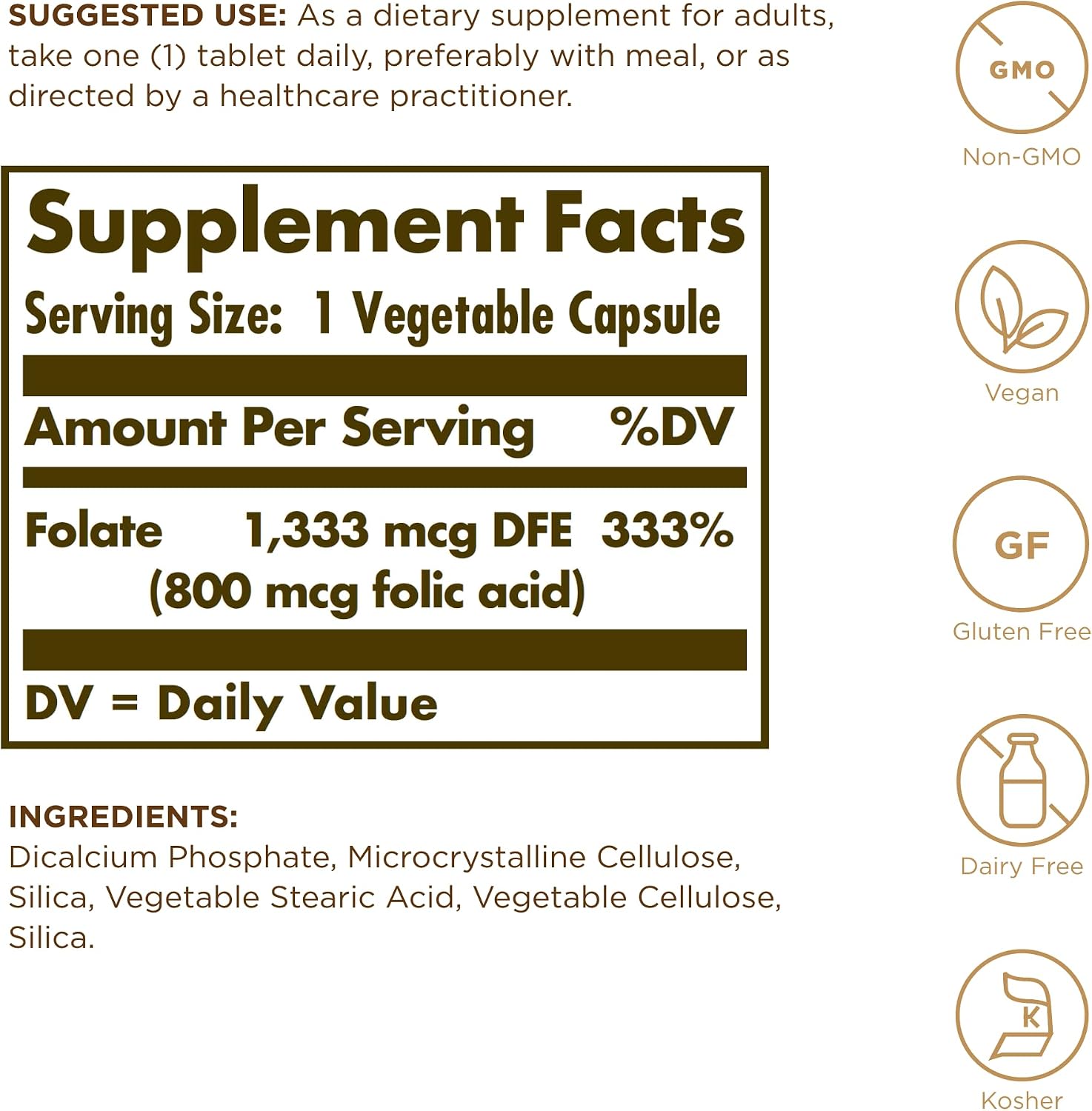 Solgar Folate 1,333 mcg DFE (Folic Acid 800 mcg) - 250 Tablets - Prenatal Support