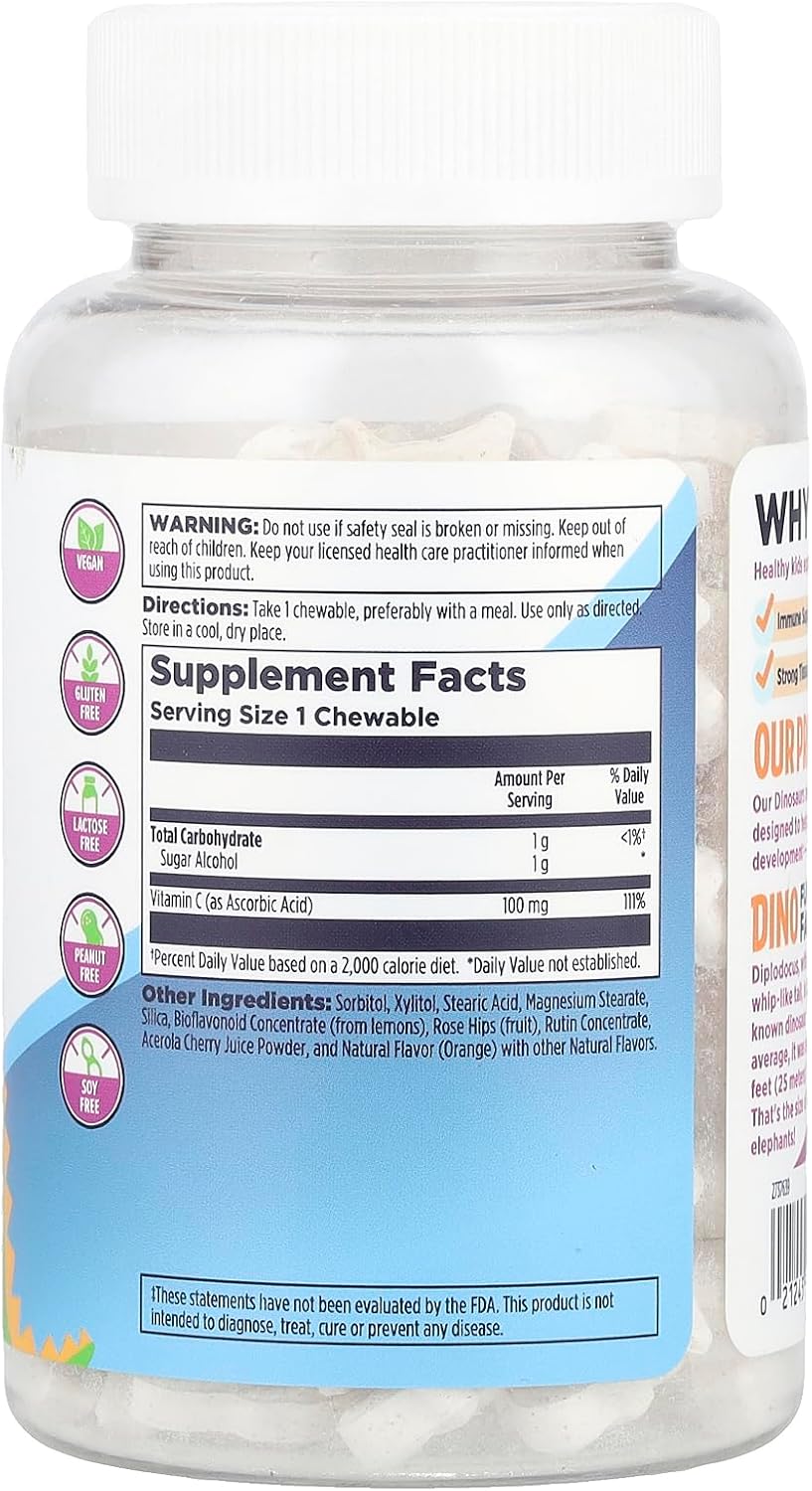 KAL C-Rex Chewable Vitamin C for Kids - Immune Support with Bioflavonoids, Rose Hips & Acerola, Natural Orange, 100 mg, Chewable Tablets