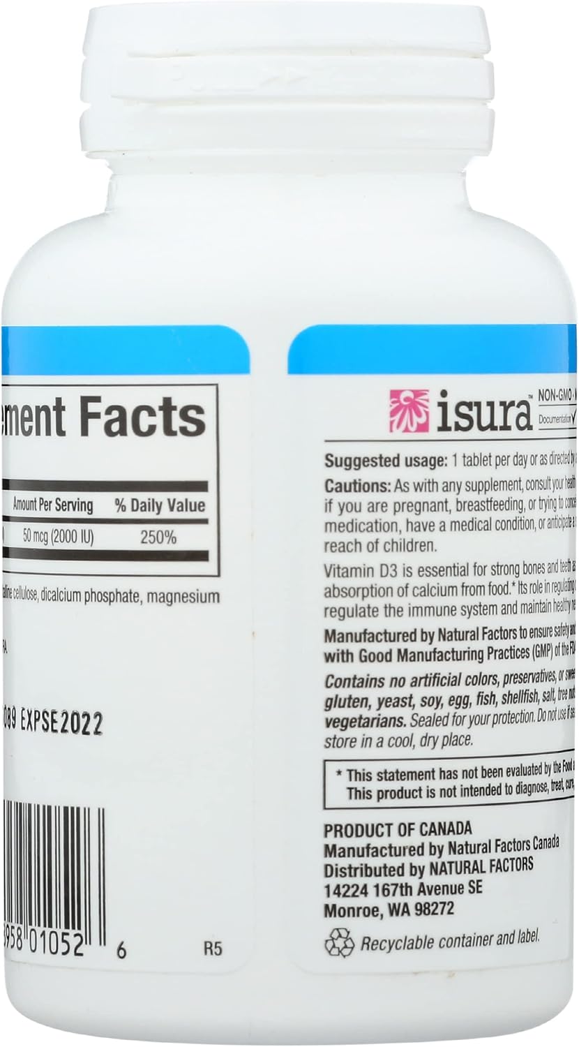 Natural Factors - Vitamin D3 2000 IU, Promotes Bone Health, 90 Tablets