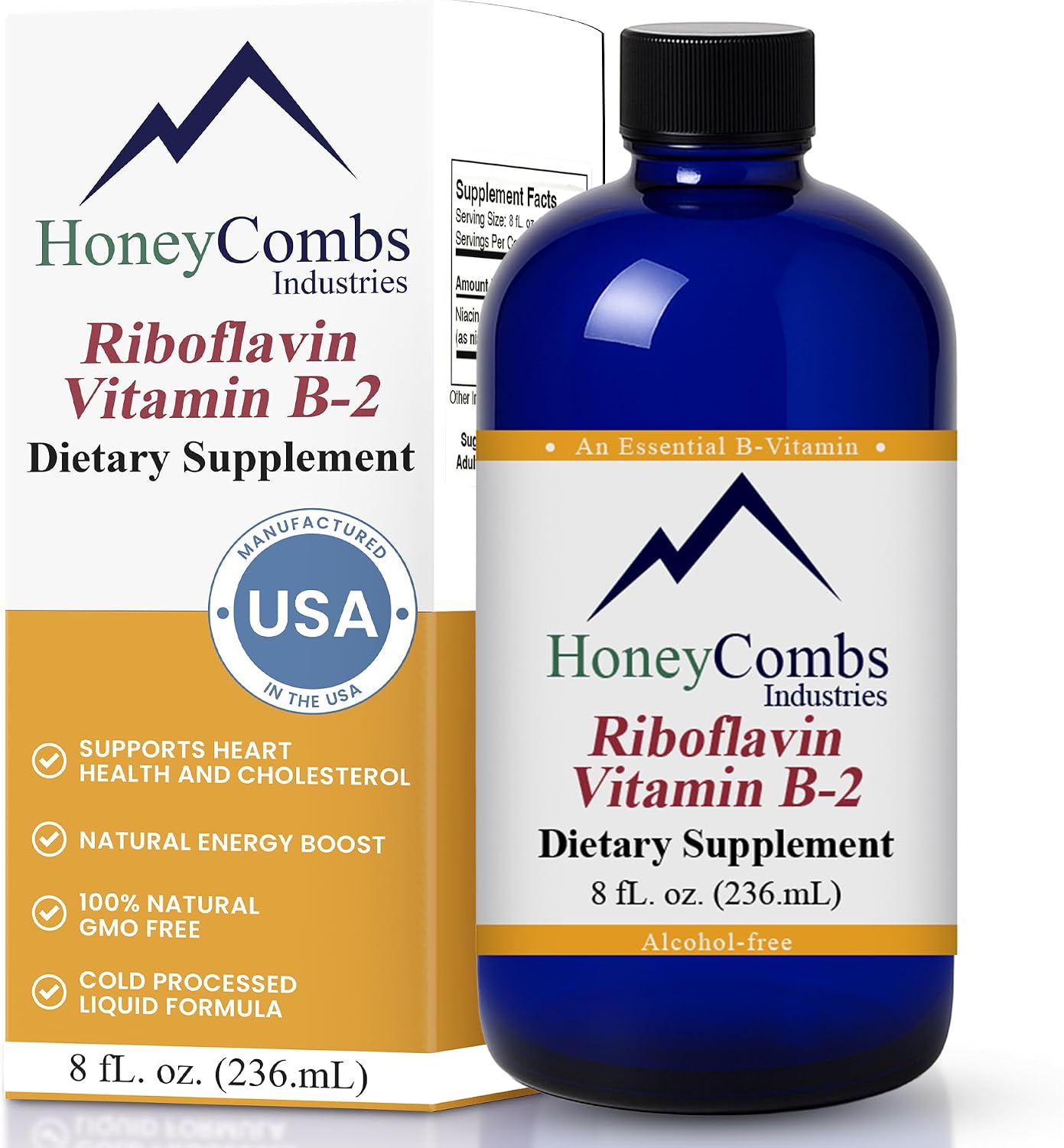 HoneyCombs Vitamin B2 Liquid Drops – High Potency Riboflavin Supplement – Alcohol Free, Vegan – 1 fl oz (30 mL)
