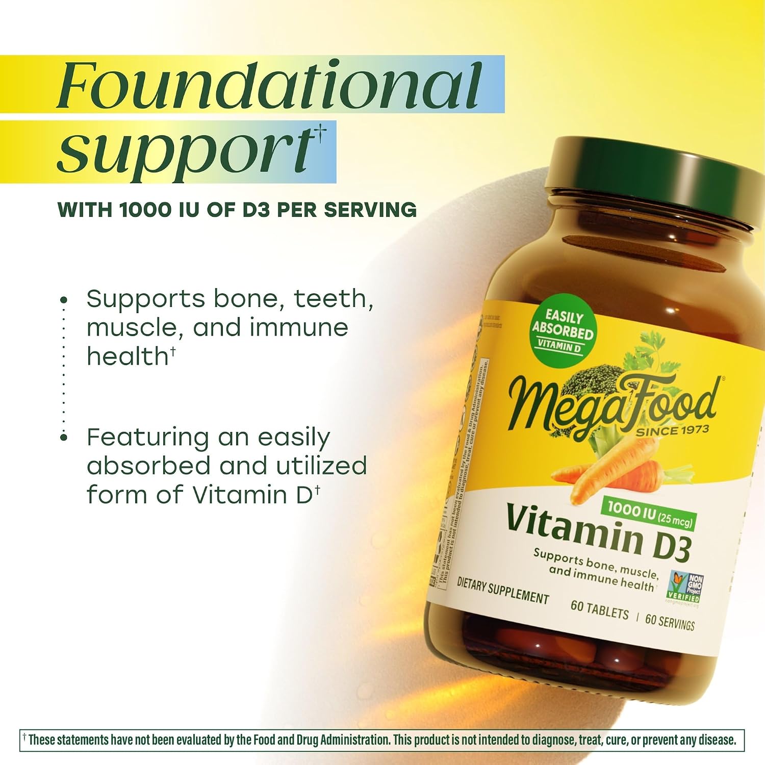 MegaFood Vitamin D3 1000 IU (25 mcg) – Real Food Supplement for Immune and Bone Support, 90 Tablets