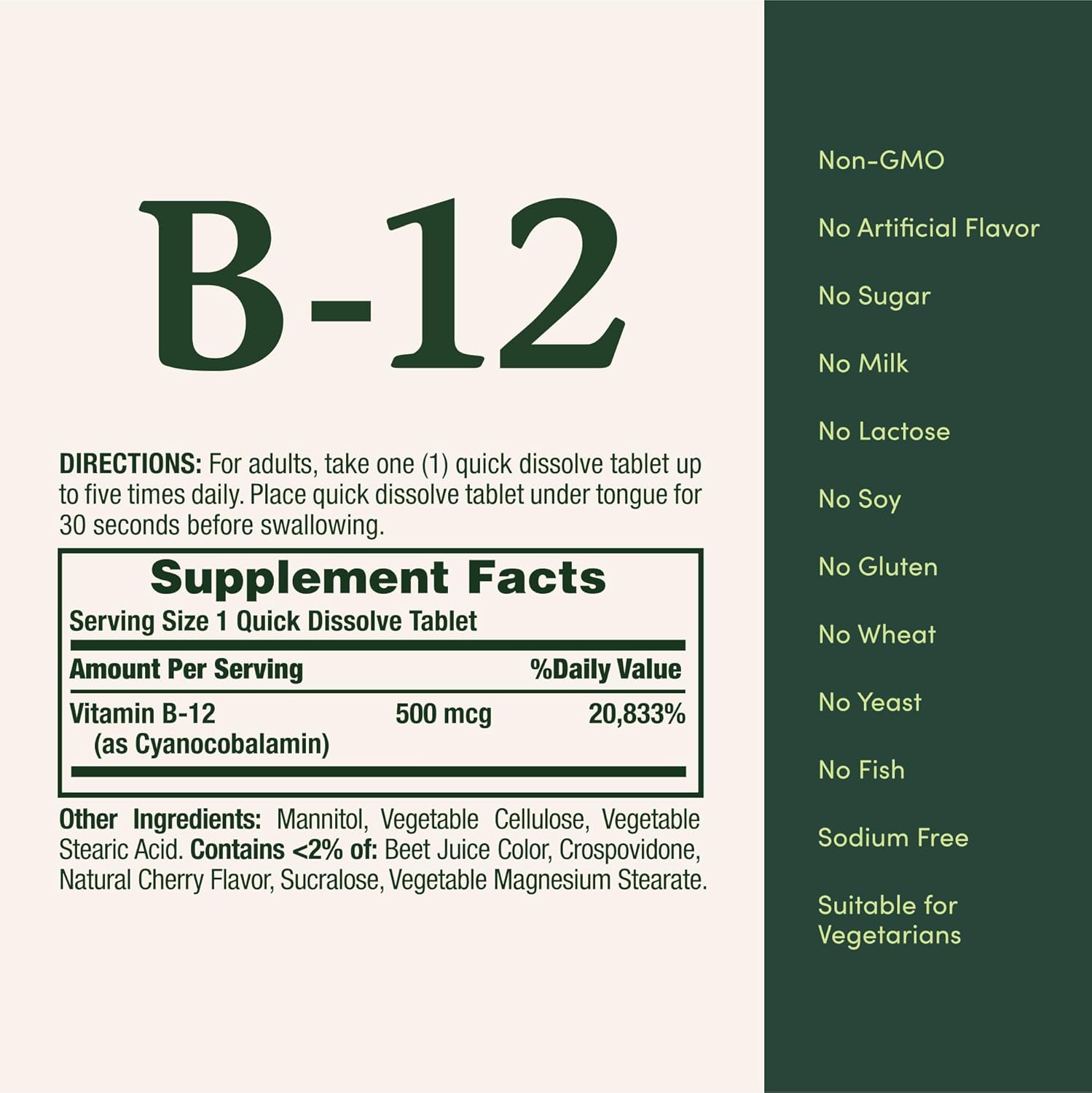 Nature's Bounty Vitamin B12 500mcg Quick Dissolve Tablets, 100 Count