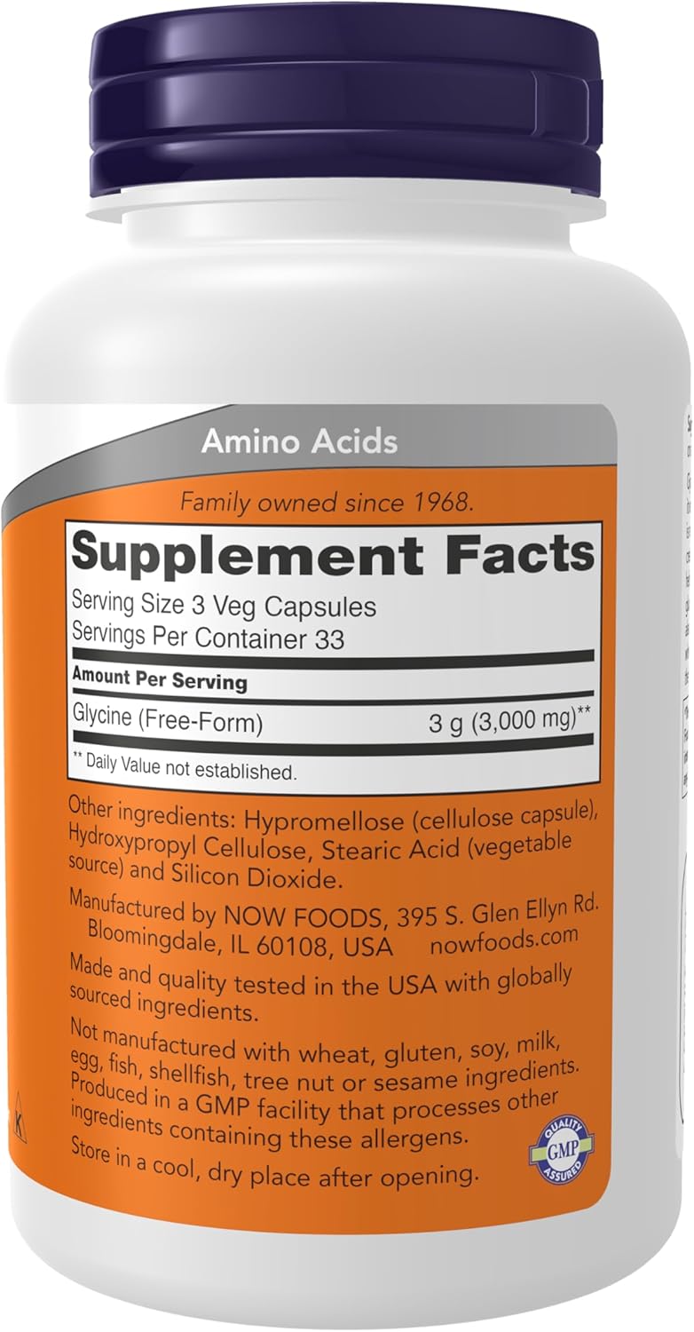 NOW Foods Glycine 1000 mg Free-Form - Neurotransmitter Support, 100 Veg Capsules