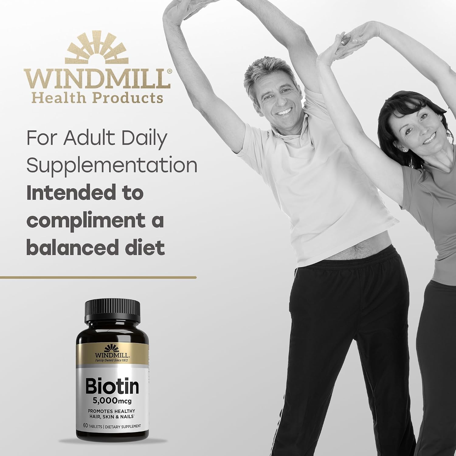 Windmill Natural Vitamins Biotin 5000 mcg, Supports Healthy Hair, Skin and Nails, 60 Count