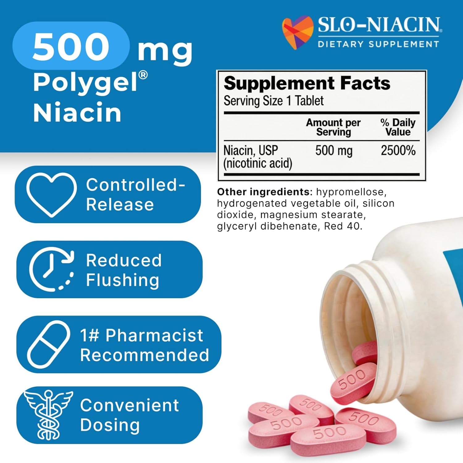 Slo-Niacin Slow Release Niacin 500mg – Vitamin B3 Supplement for Heart Health – 100 Tablets