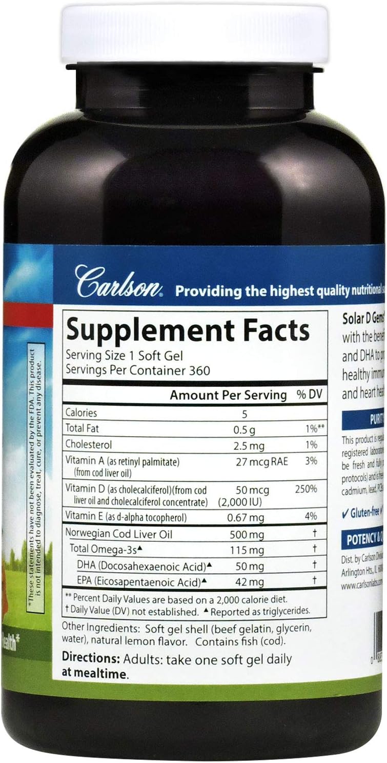 Carlson Solar D Gems - Vitamin D3 and Omega-3 Supplement, 2000 IU D3, 115 mg Omega-3s, Lemon Flavour, 360 Softgels