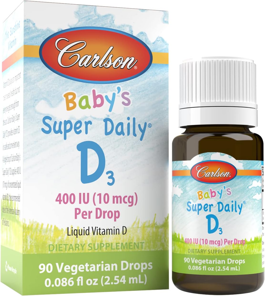 Carlson Baby's Super Daily D3 - Baby Vitamin D Drops, 400 IU (10 mcg) per Drop, 1-Year Supply, Unflavoured, 365 Drops