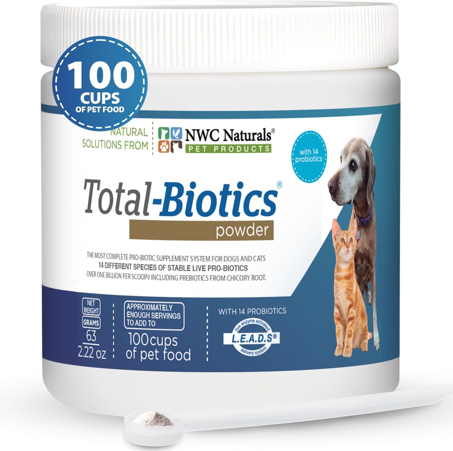 NWC Naturals Total-Biotics Probiotic for Dogs & Cats - Digestive Health Powder, Unflavoured, 100 Servings
