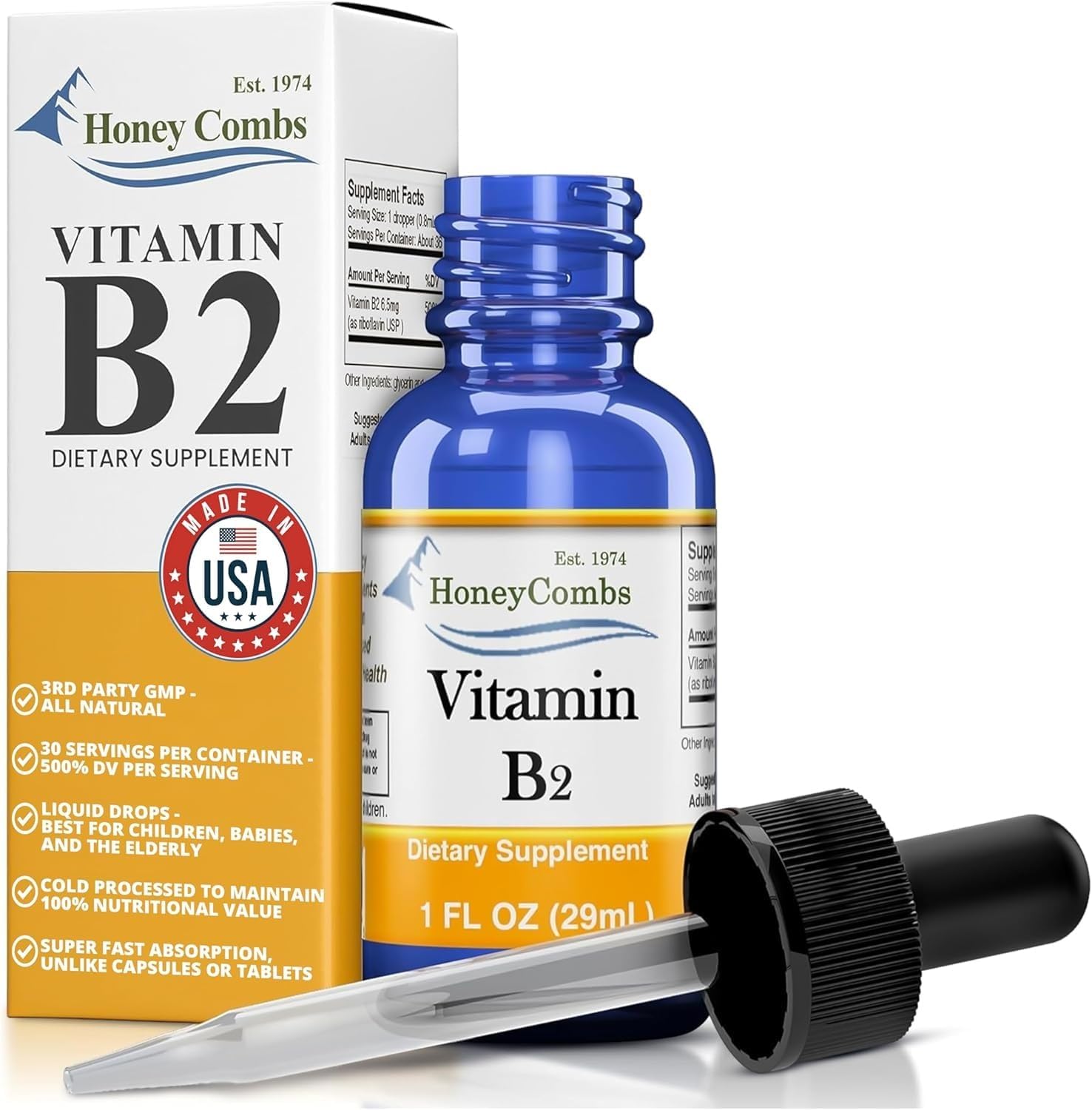 HoneyCombs Vitamin B2 Liquid Drops – High Potency Riboflavin Supplement – Alcohol Free, Vegan – 1 fl oz (30 mL)