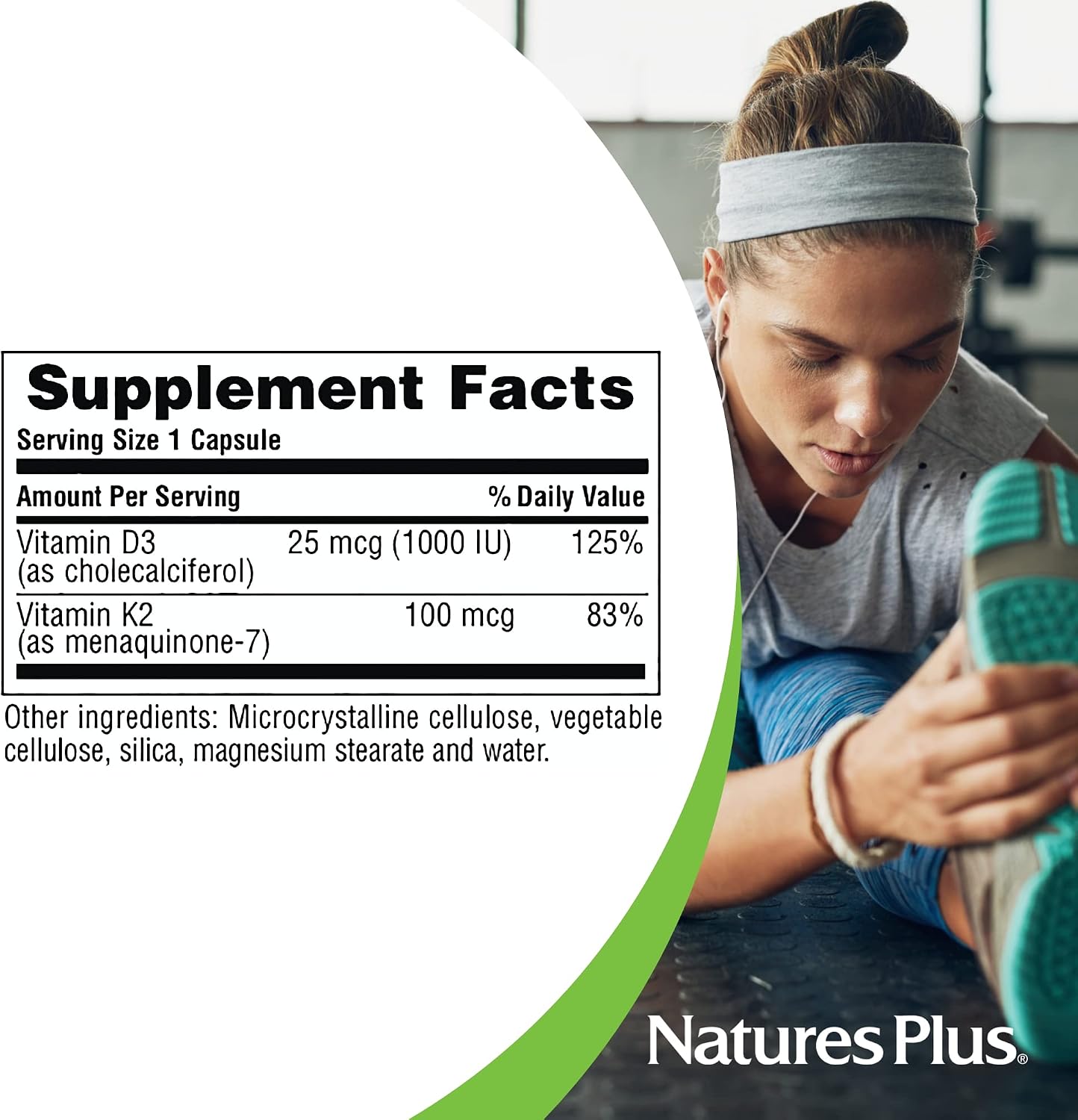 NaturesPlus Vitamins D3 (1000 IU) & K2 (100 mcg) - Vegetarian, Gluten Free - 90 Capsules