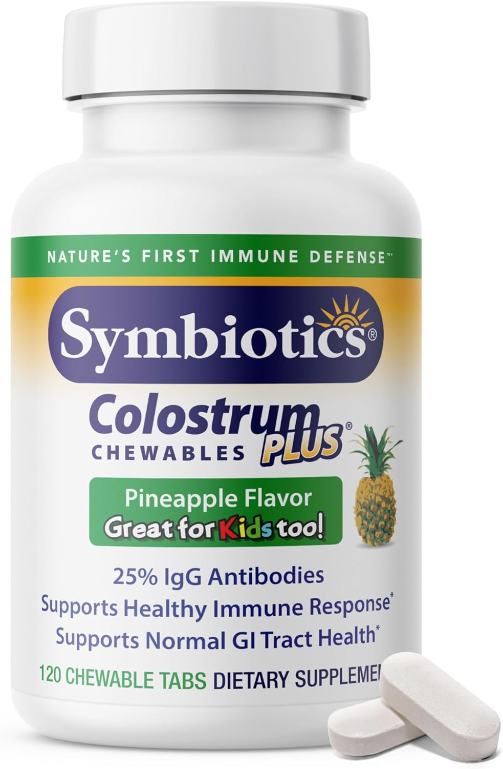 Symbiotics Colostrum Chewable Tablets – Immune and Digestive Support with Lactoferrin, 120 Count (Pineapple)