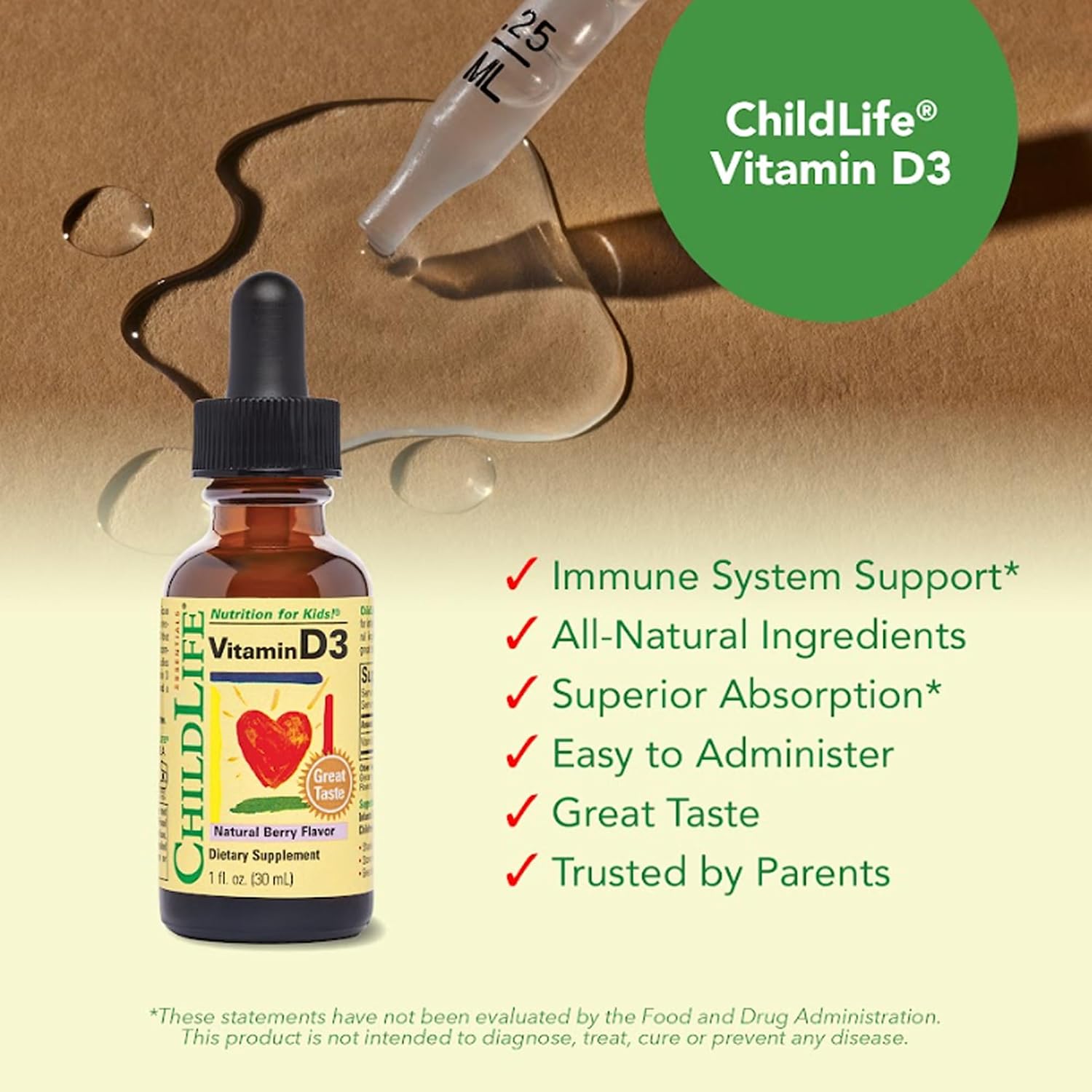 ChildLife Essentials Baby Vitamin D3 Drops – 500 IU – Natural Berry Flavour