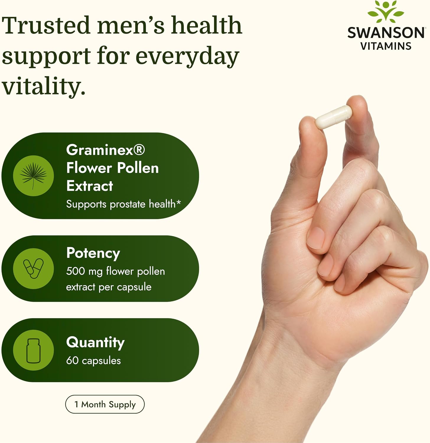 Swanson Graminex Flower Pollen Extract - Men's Health Supplement for Prostate, Kidney, Bladder and Urinary Tract Support - Non-GMO - 60 Capsules