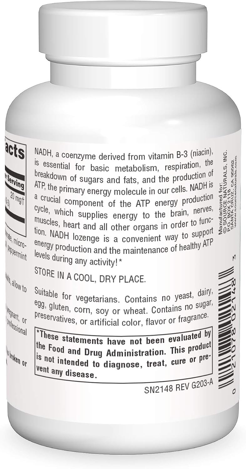 Source Naturals NADH 20mg – Boost Energy and Mental Alertness – 10 Lozenges