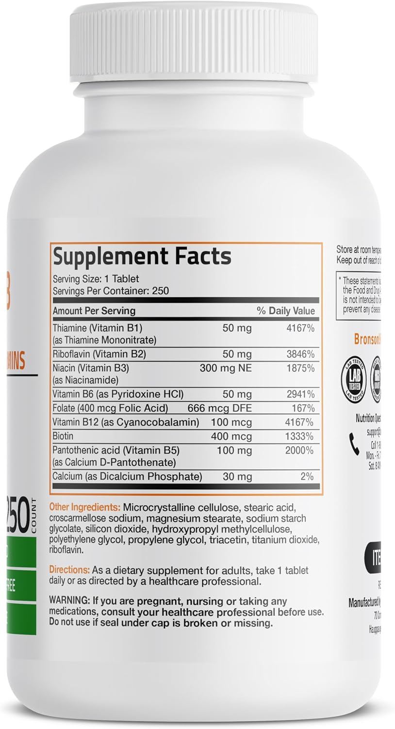 Bronson Vitamin B Complex – B1, B2, B3, B6, Folic Acid, B12 – 250 Tablets