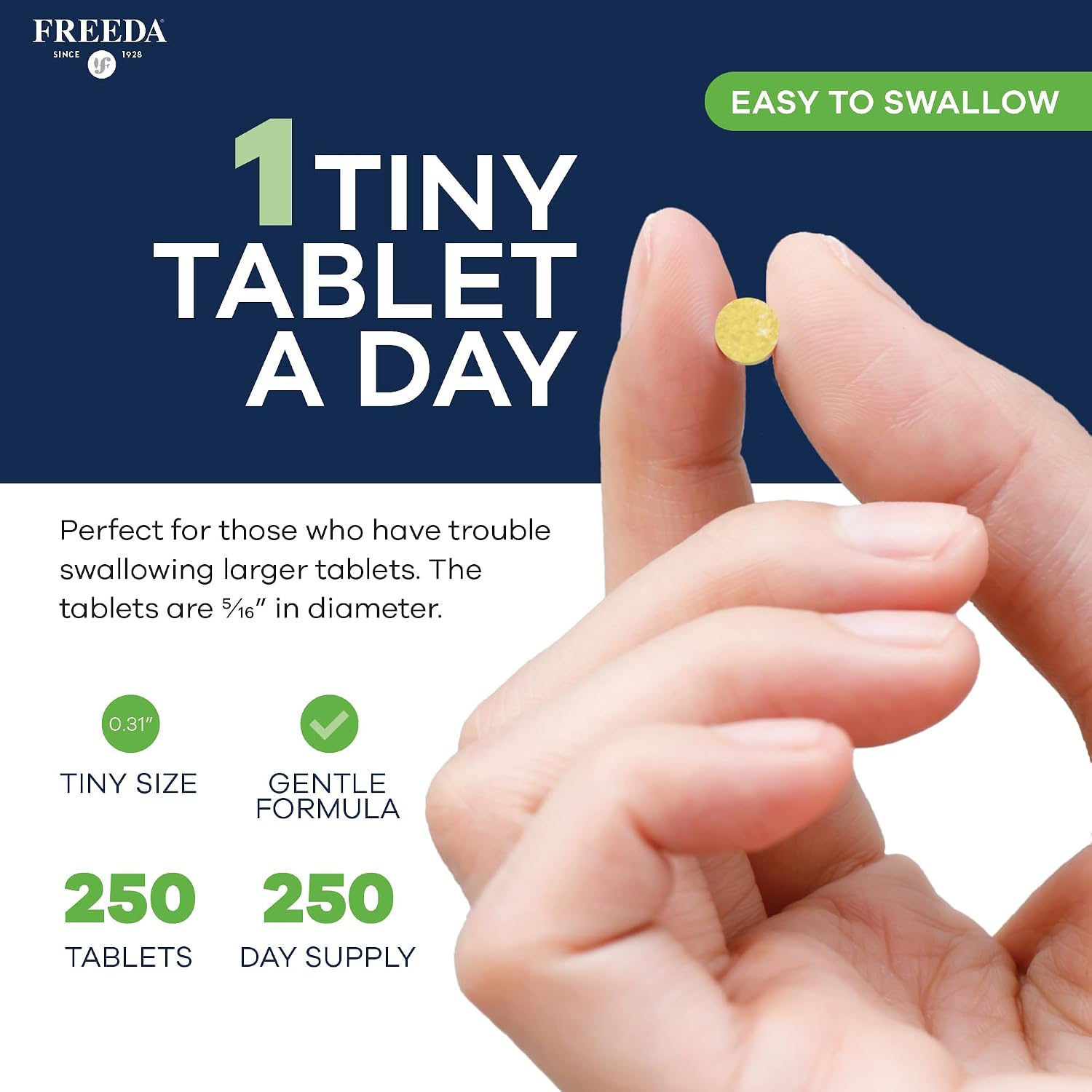 Freedavite Tiny Tablet - Moderate Multivitamin for Men and Women - Pure Vitamin A, C, D, E, B1, B2, B6, B12, Biotin, Calcium, Zinc, Iron, Magnesium, Manganese, Copper, Selenium, Iodine - 250 Count
