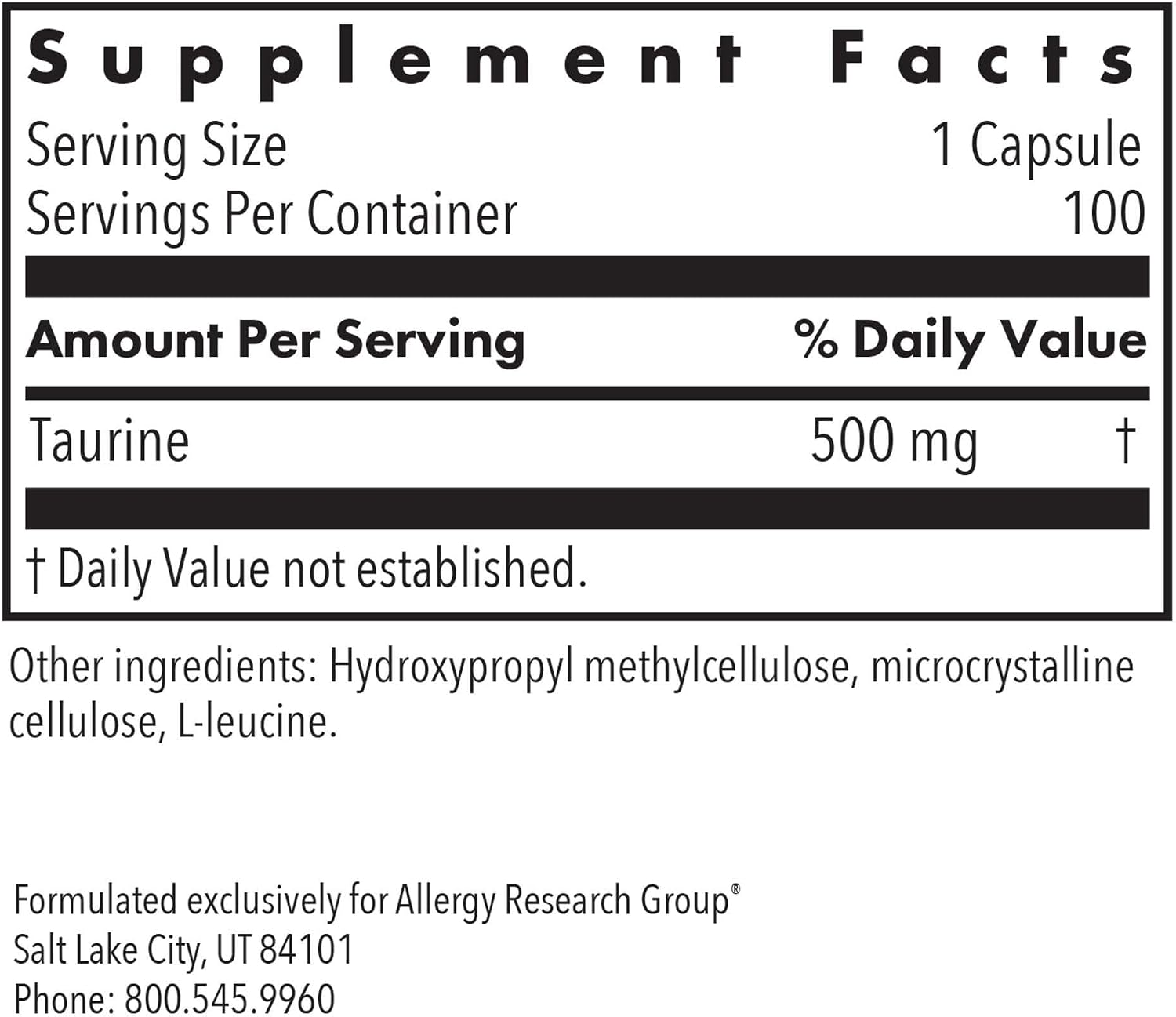 Allergy Research Group ARG Taurine 500 mg - Free Form Amino Acid - Heart & Electrolyte Support - Hypoallergenic - 100 Capsules