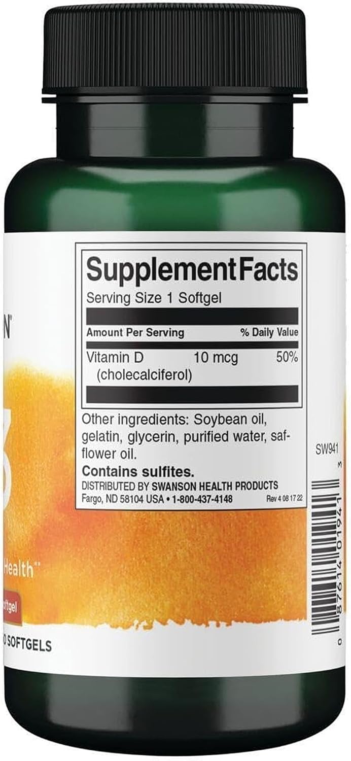 Swanson Vitamin D3 400 IU (10 mcg) – 250 Softgels