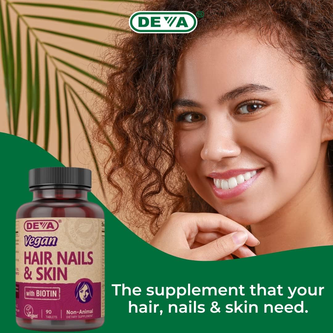 DEVA Vegan Vitamins Hair, Nails & Skin Supplement with 500 mcg Biotin, 90 Tablets (Pack of 2)