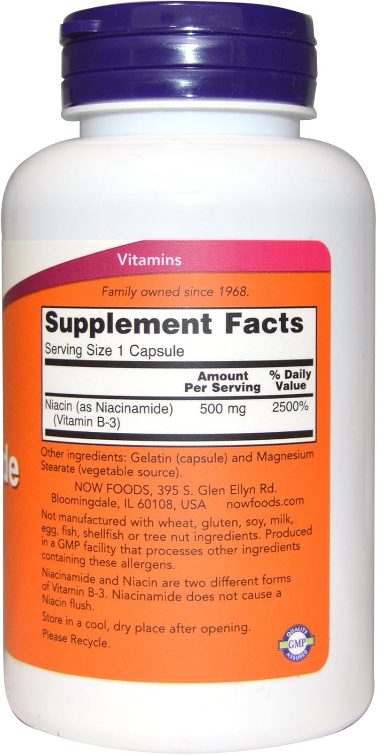NOW Foods Niacinamide 500 mg, 100 Capsules (Pack of 2)