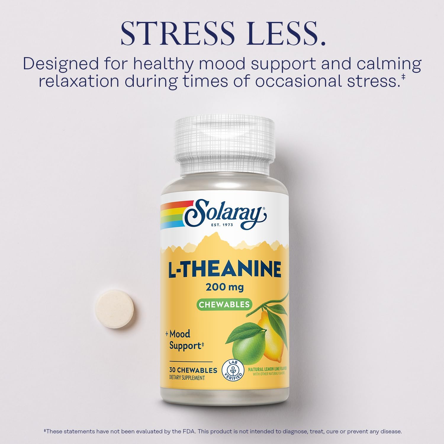 SOLARAY L-Theanine 200mg Chewable - Mood Support Supplement with Vitamin B6 - Natural Lemon Lime Flavour, 30 Chewables