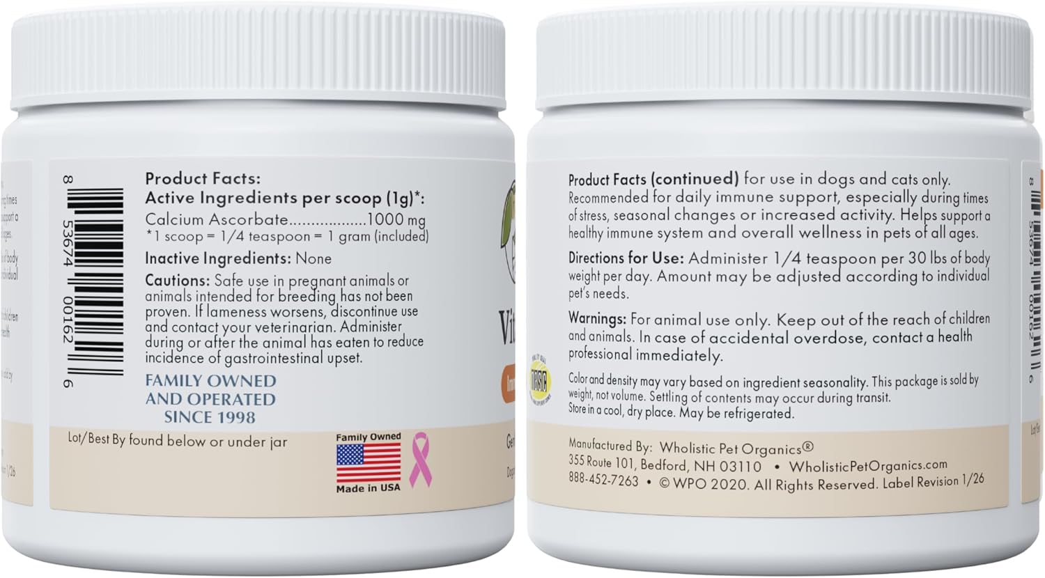 Wholistic Pet Organics Vitamin C Powder for Dogs & Cats – Allergy & Itch Relief, Immune Support – 57 g
