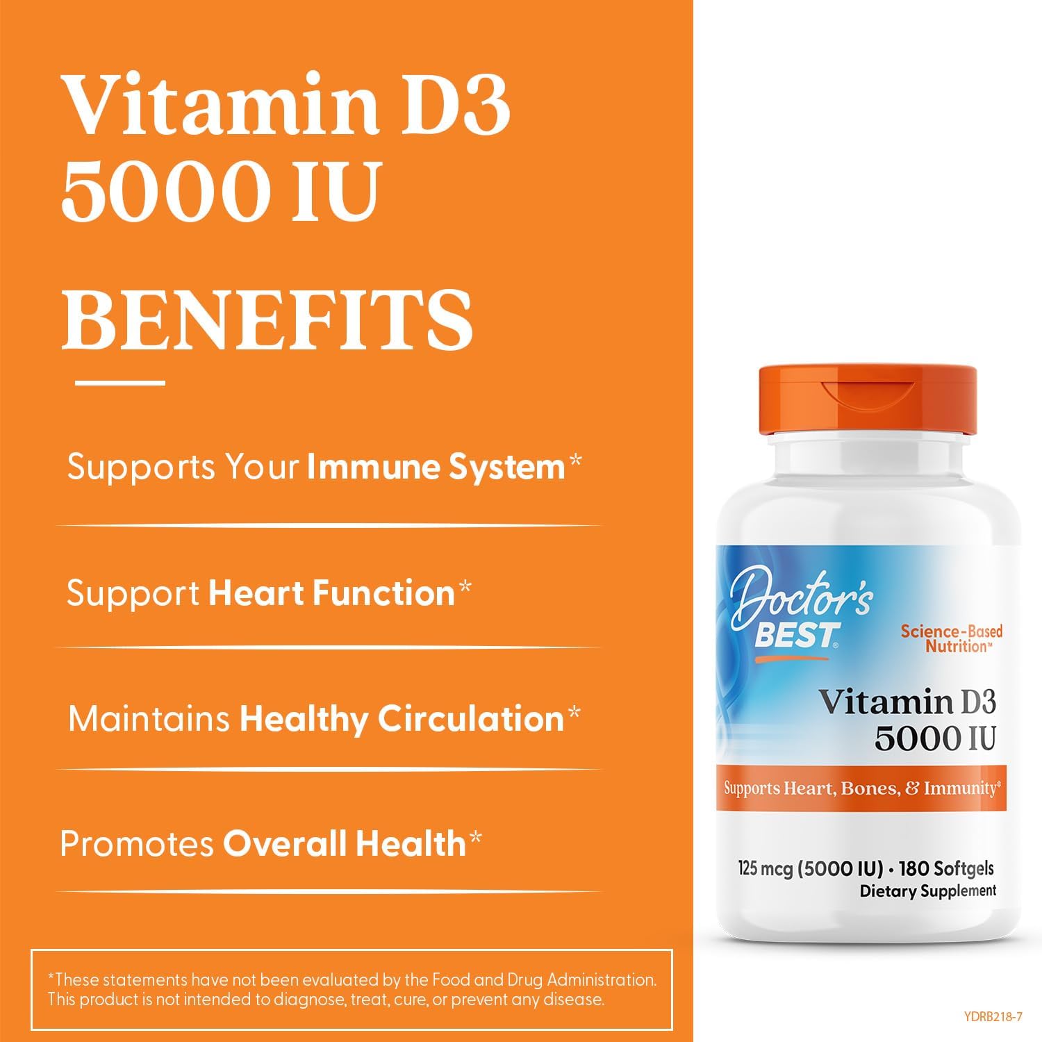 Doctor's Best Vitamin D3 5000 IU, 180 Softgels – Non-GMO, Gluten & Soy Free