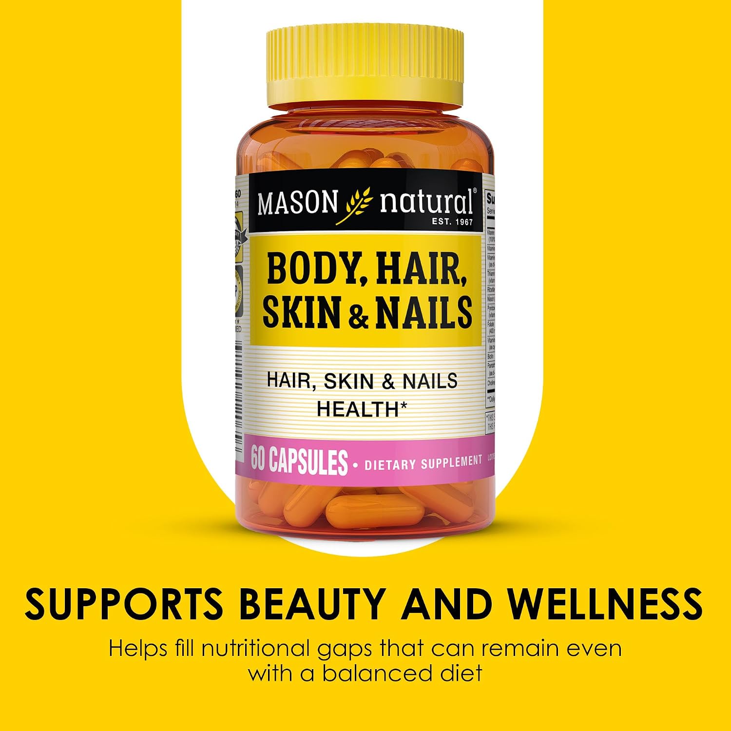 MASON NATURAL Hair, Skin & Nails Supplement - 600 mcg Biotin with Vitamins A, C, E & B-Complex, 60 Capsules