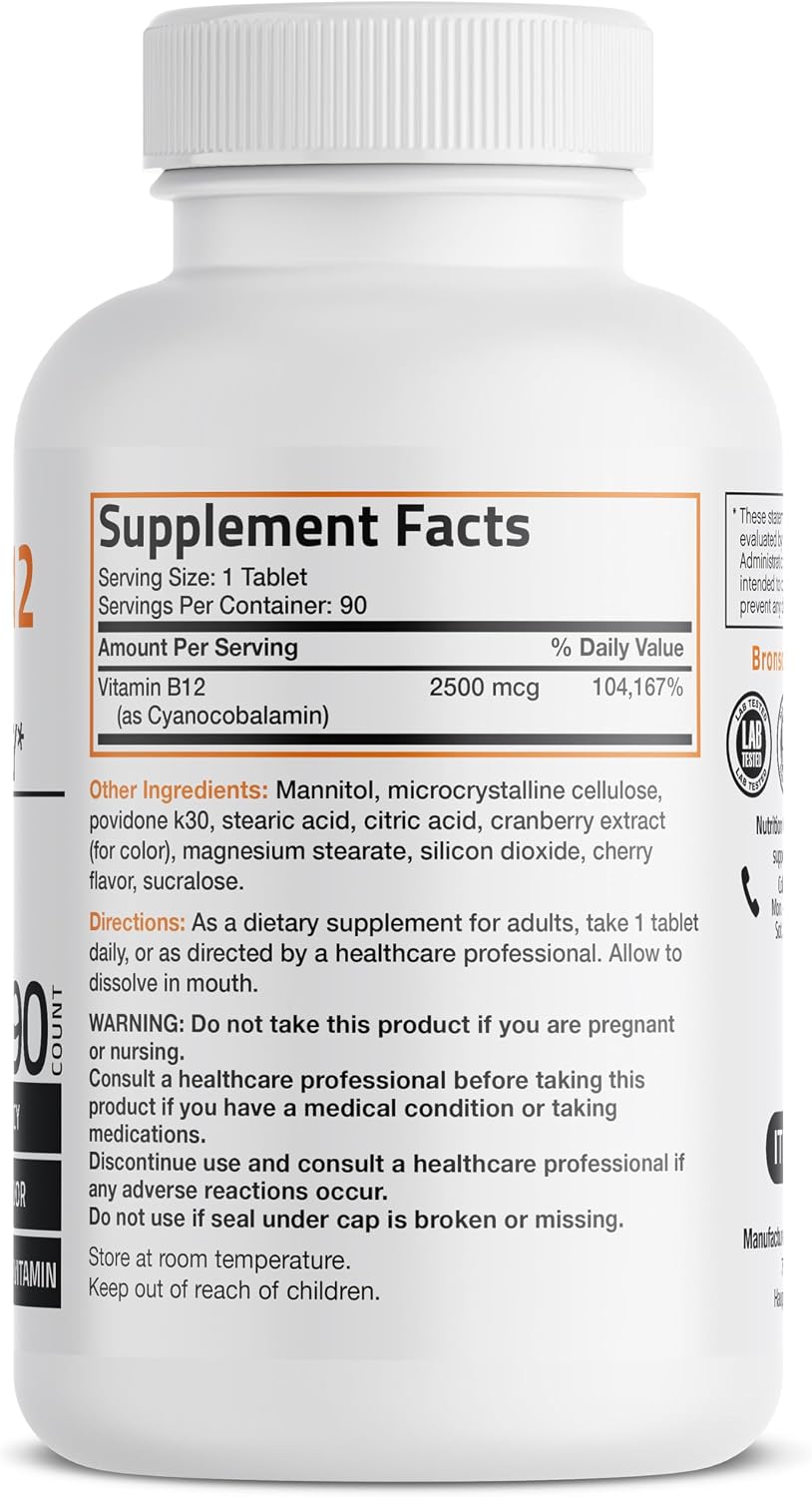 Bronson Vitamin B12 2500mcg Fast Dissolve Sublingual Tablets, Cherry Flavour, 90 Count