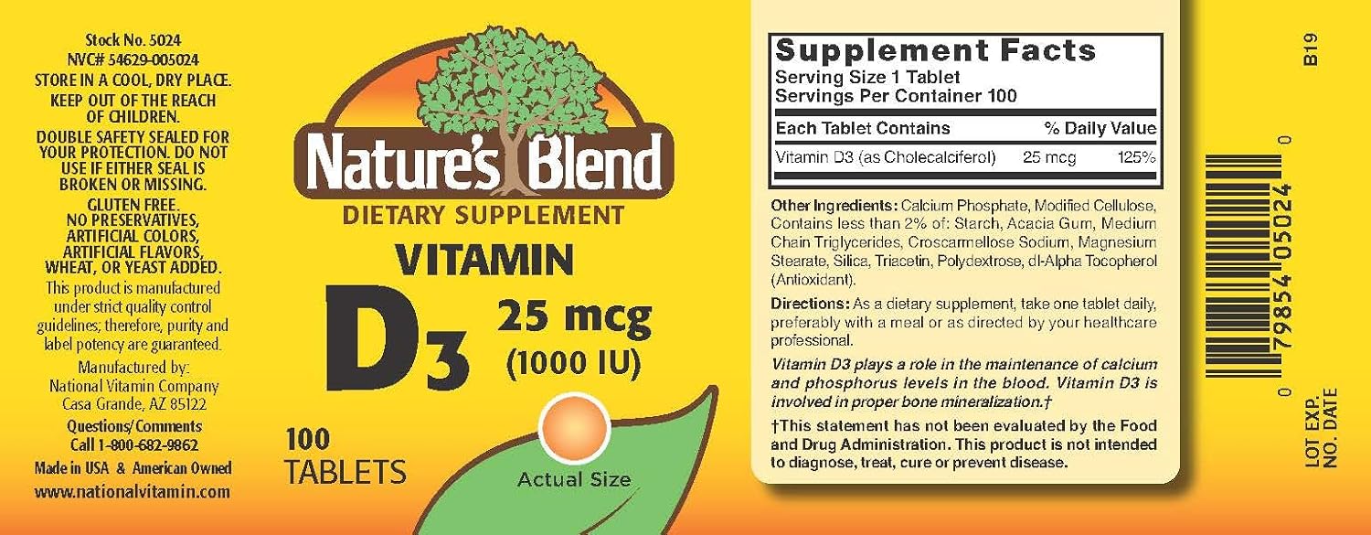 Nature's Blend Vitamin D3 1000 IU Tablets, 100 Count