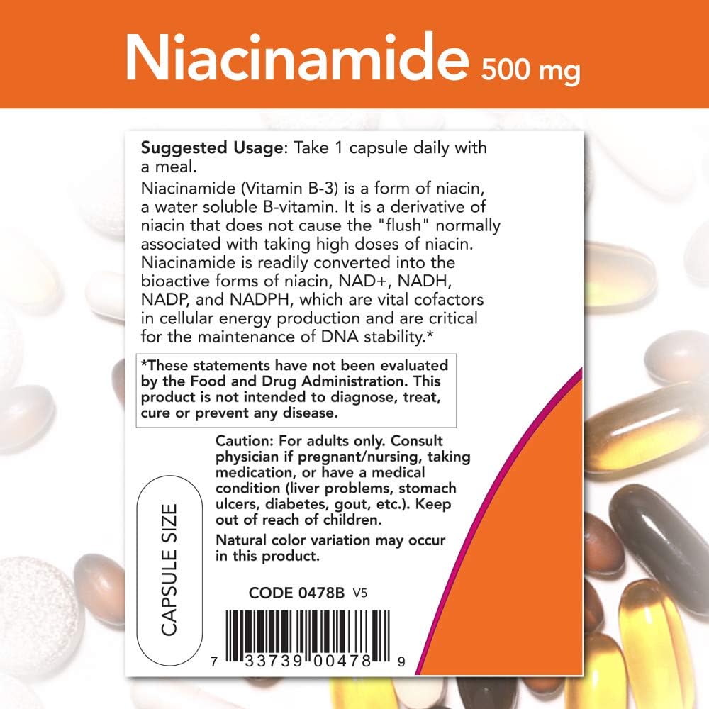 NOW Foods Niacinamide 500 mg, 100 Capsules (Pack of 4)