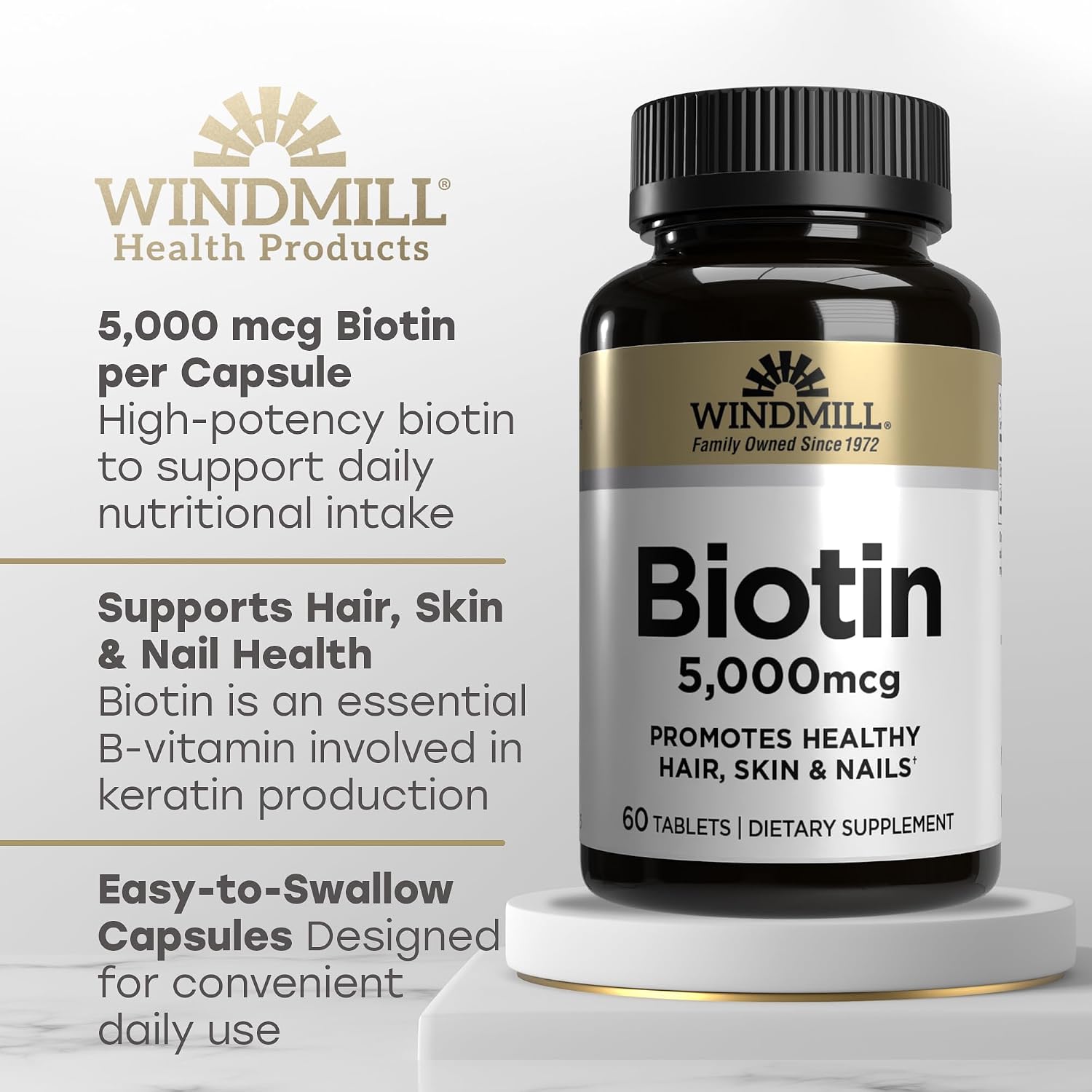 Windmill Natural Vitamins Biotin 5000 mcg, Supports Healthy Hair, Skin and Nails, 60 Count